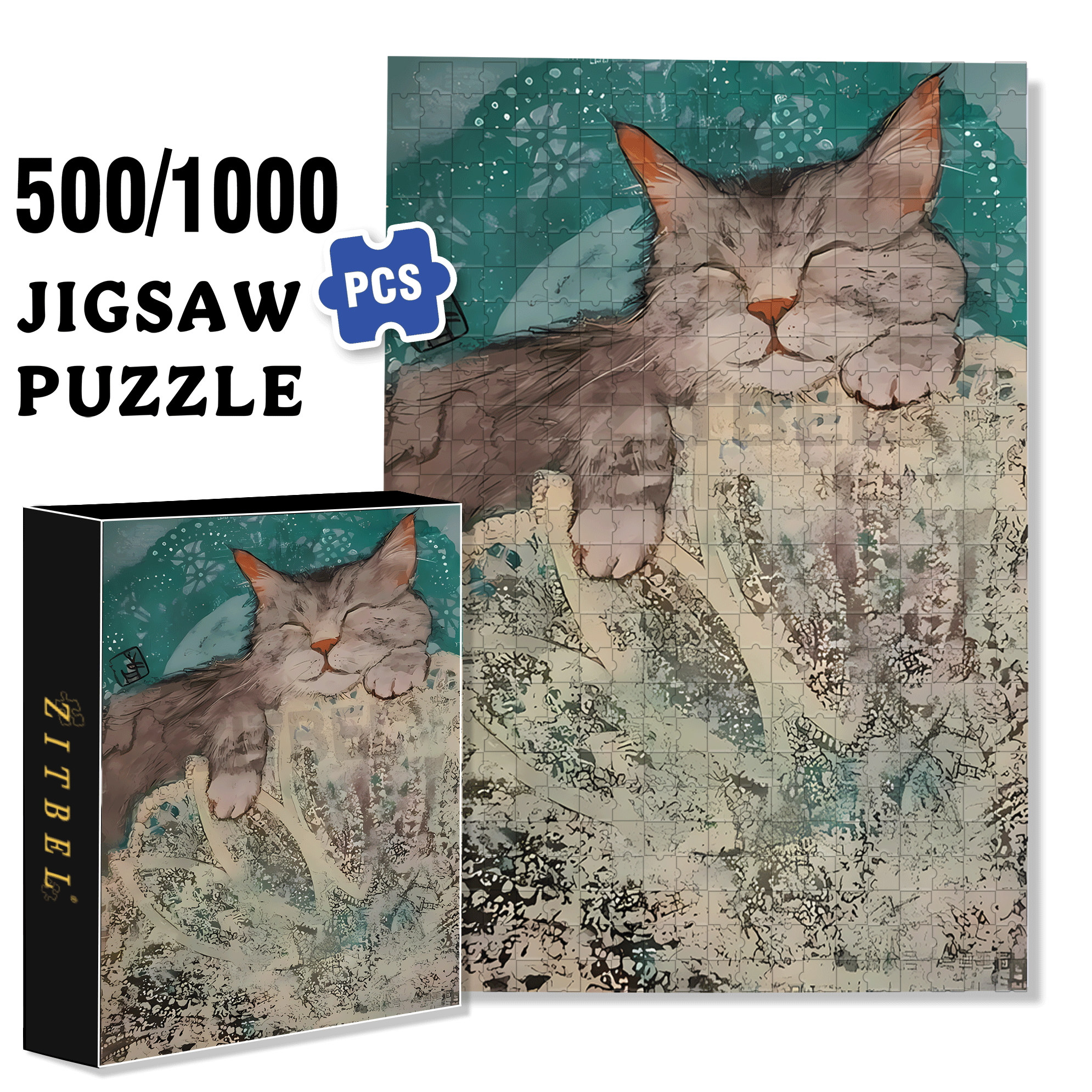 Cat Sleeping 3 500pcs/1000pcs Jigsaw Puzzle, Scratch-Resistant, Interactive Family Game & Brain-Boosting DIY Decor, Perfect for Halloween, Christmas & New Year Gifts, Family Puzzle Game