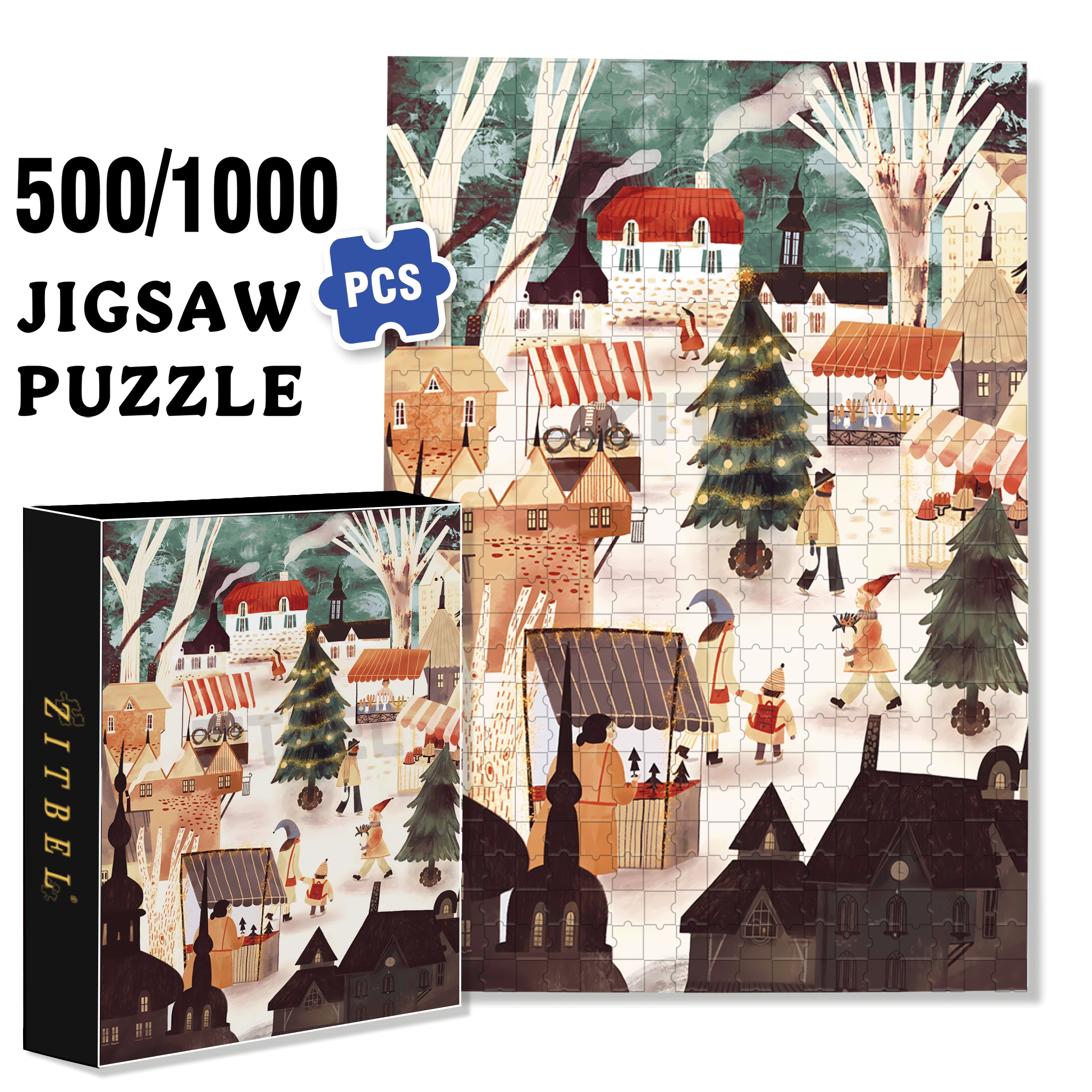 Christmas Market 500pcs/1000pcs Jigsaw Puzzle, Scratch-Resistant, Interactive Family Game & Brain-Boosting DIY Decor, Perfect for Halloween, Christmas & New Year Gifts, Family Puzzle Game