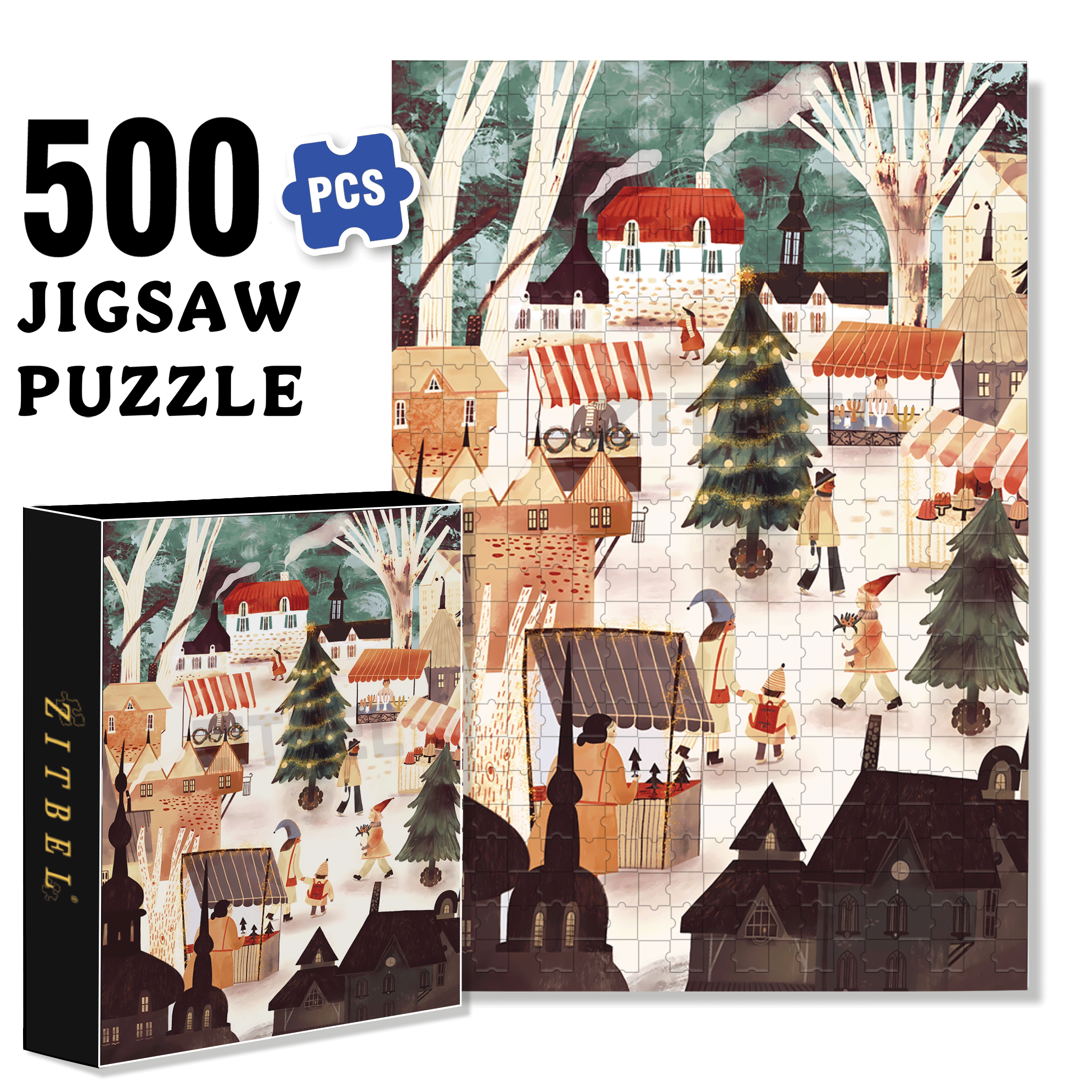 Christmas Market 500pcs/1000pcs Jigsaw Puzzle, Scratch-Resistant, Interactive Family Game & Brain-Boosting DIY Decor, Perfect for Halloween, Christmas & New Year Gifts, Family Puzzle Game
