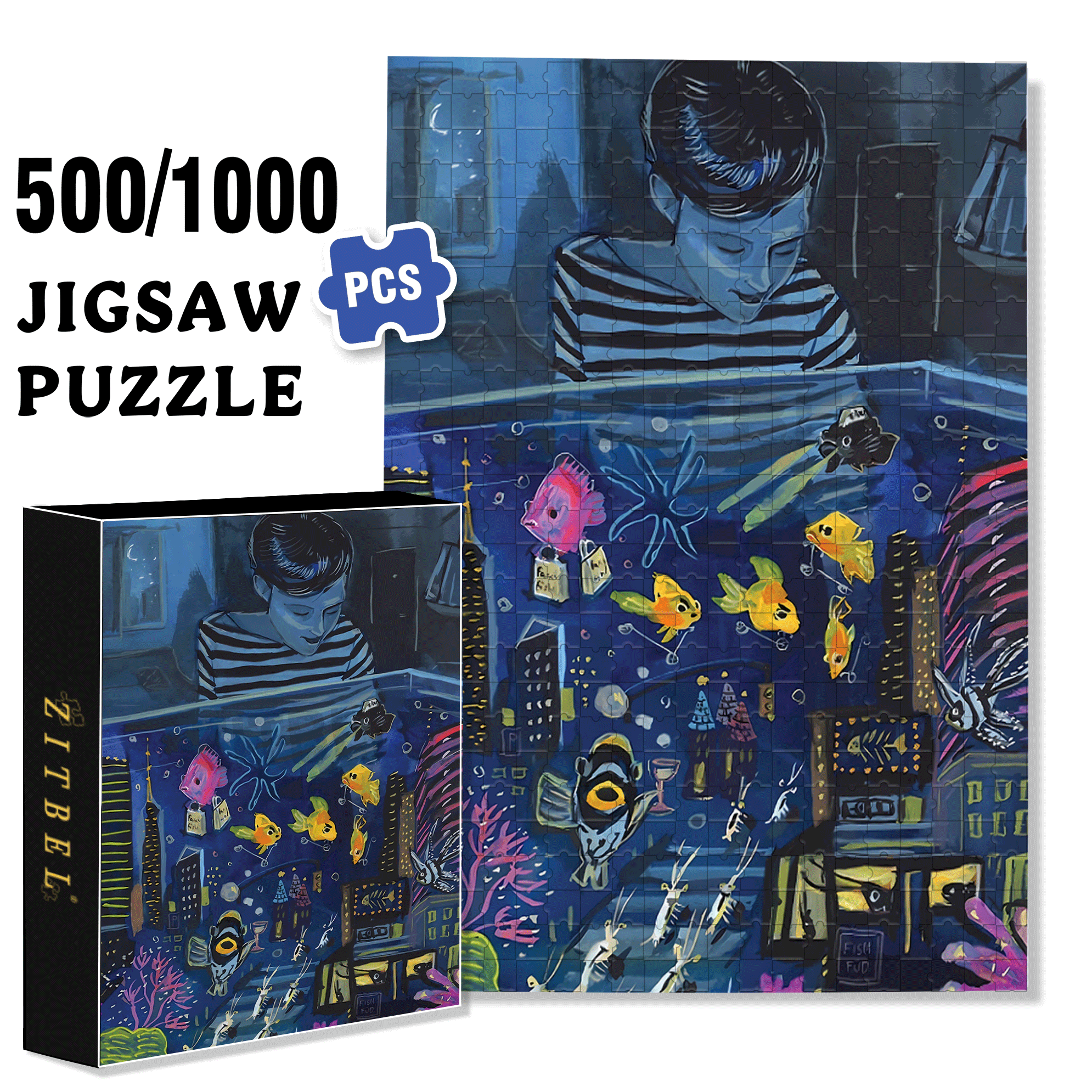 Aquarium Nightlife 500pcs/1000pcs Jigsaw Puzzle, Scratch-Resistant, Interactive Family Game & Brain-Boosting DIY Decor, Perfect for Halloween, Christmas & New Year Gifts, Family Puzzle Game