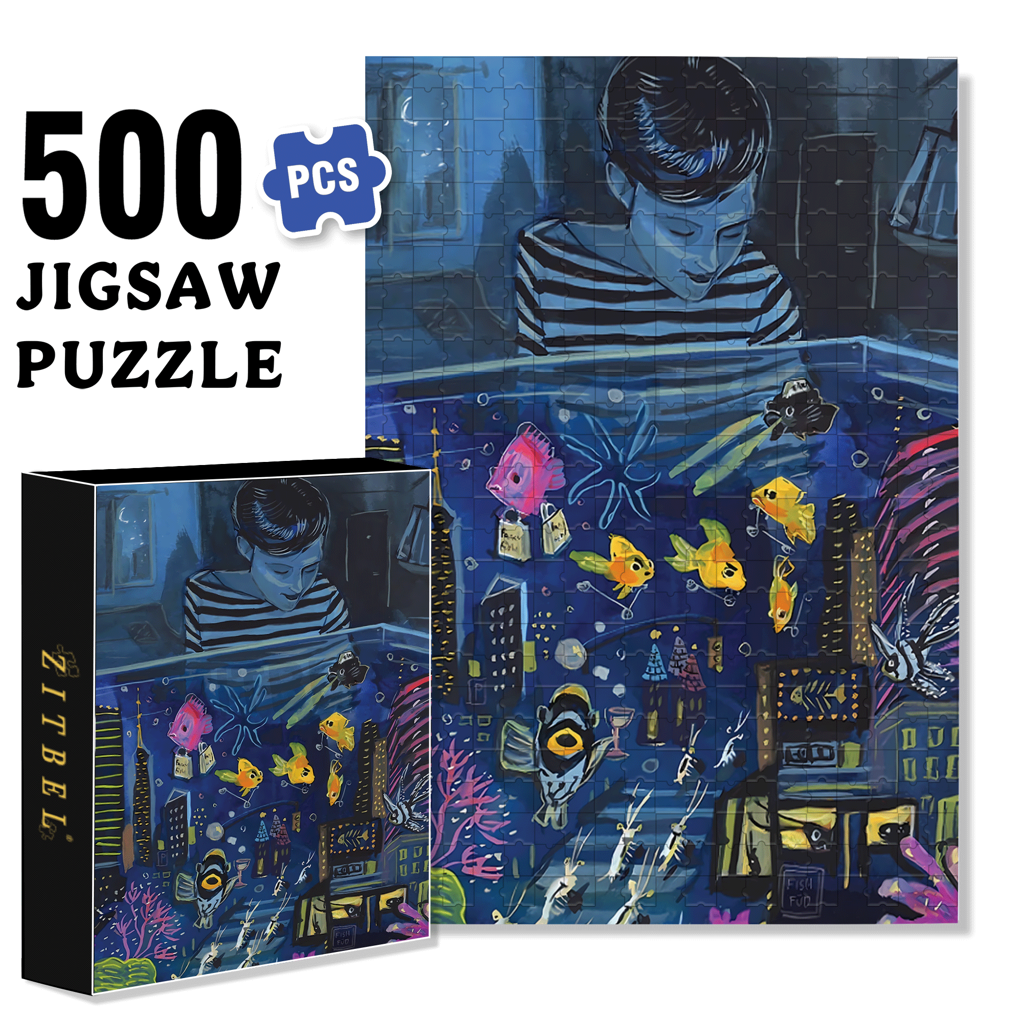 Aquarium Nightlife 500pcs/1000pcs Jigsaw Puzzle, Scratch-Resistant, Interactive Family Game & Brain-Boosting DIY Decor, Perfect for Halloween, Christmas & New Year Gifts, Family Puzzle Game
