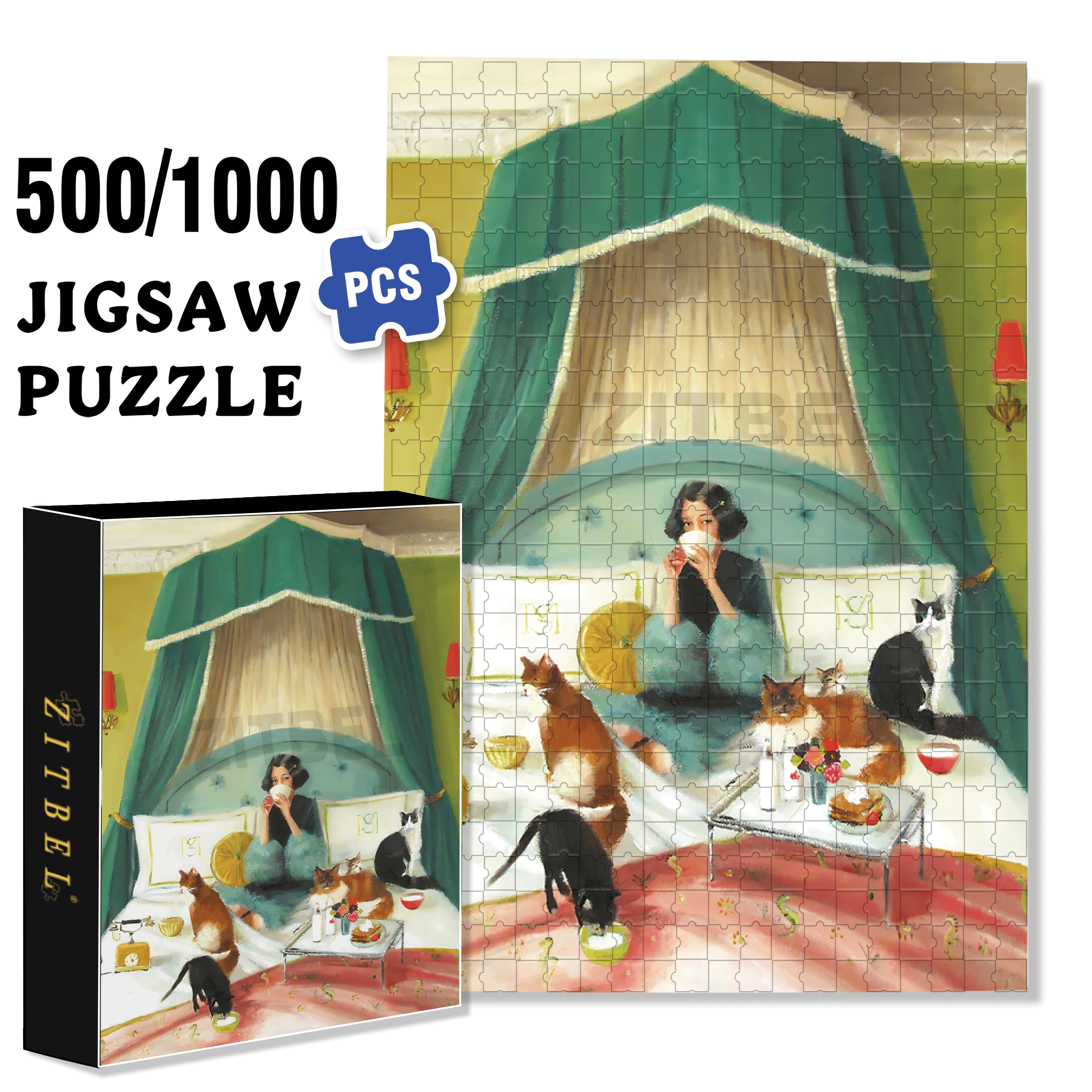 Breakfast in Bed 500pcs/1000pcs Jigsaw Puzzle, Scratch-Resistant, Interactive Family Game & Brain-Boosting DIY Decor, Perfect for Halloween, Christmas & New Year Gifts, Family Puzzle Game