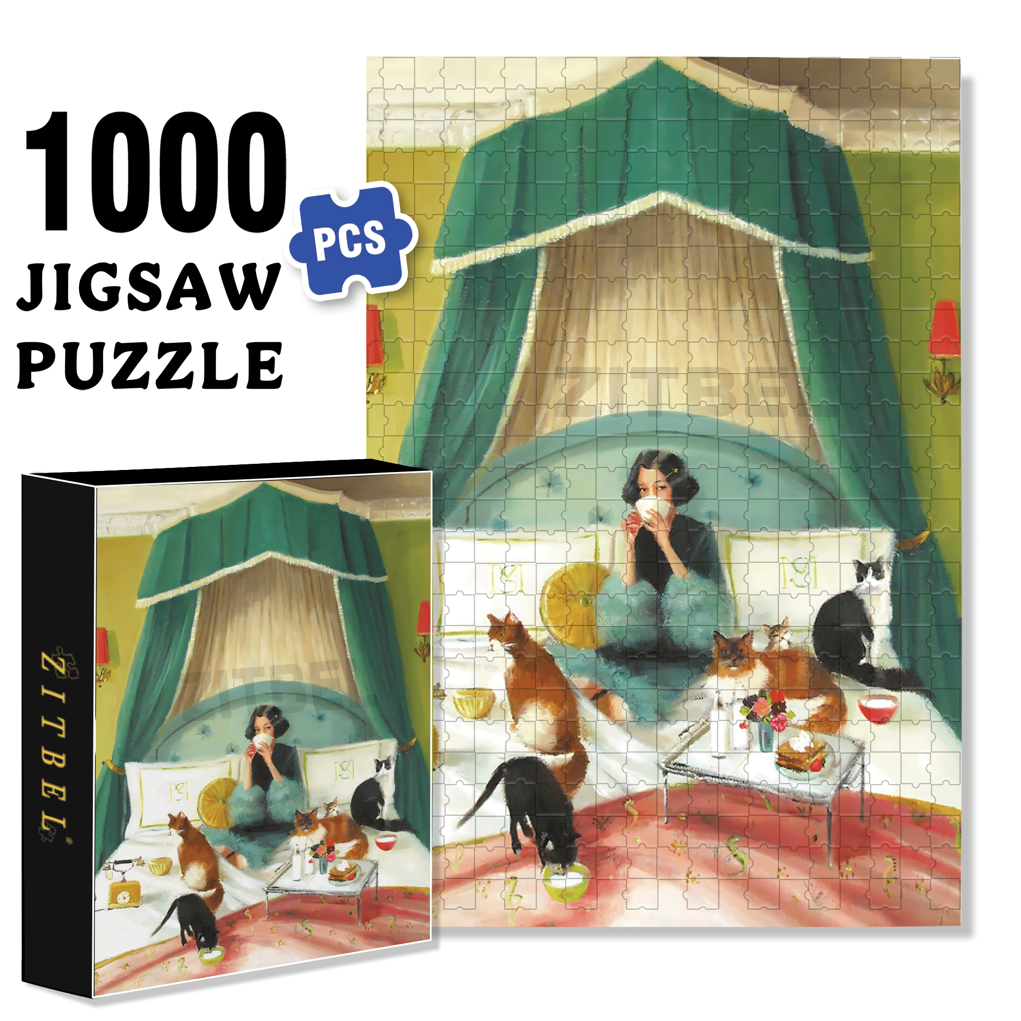 Breakfast in Bed 500pcs/1000pcs Jigsaw Puzzle, Scratch-Resistant, Interactive Family Game & Brain-Boosting DIY Decor, Perfect for Halloween, Christmas & New Year Gifts, Family Puzzle Game