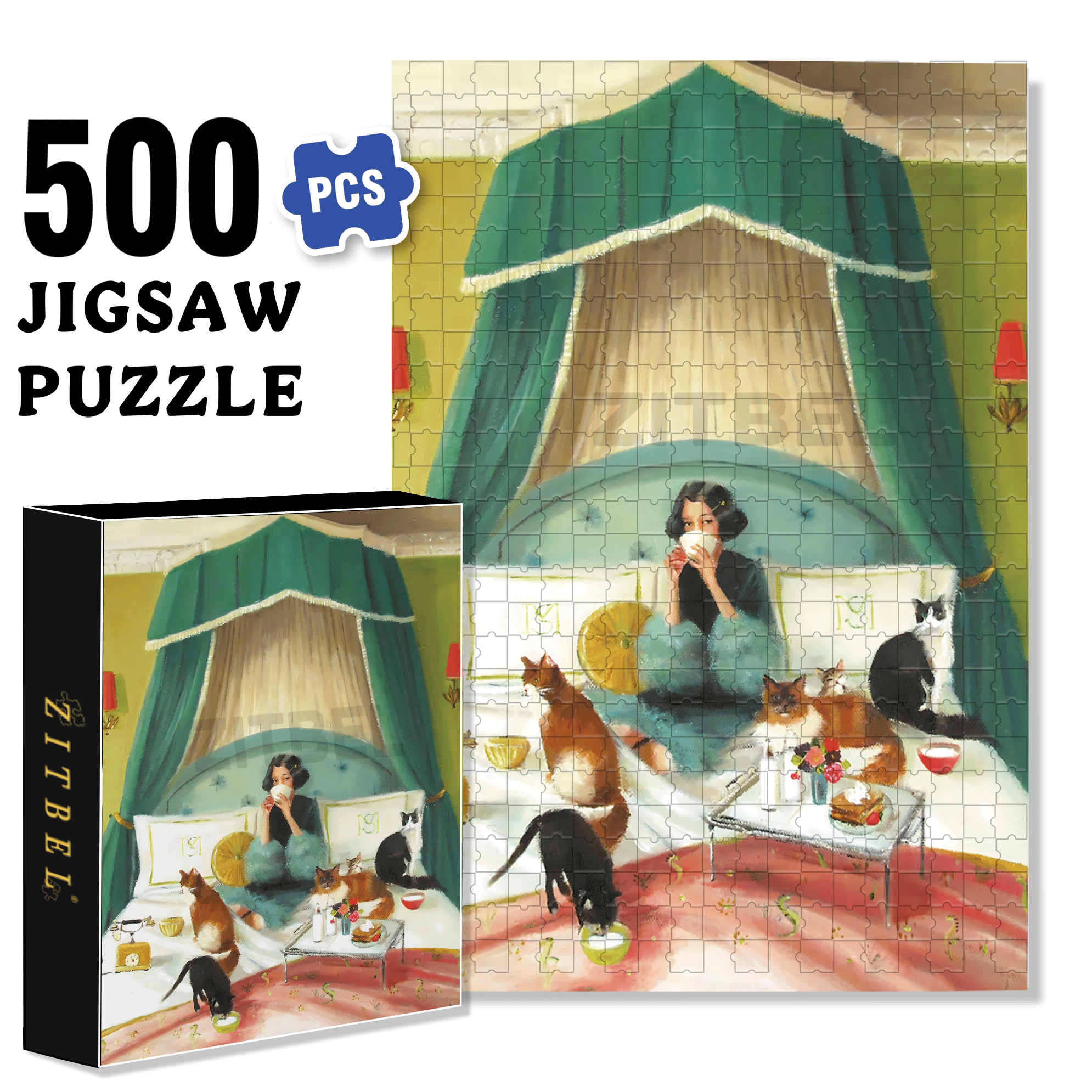Breakfast in Bed 500pcs/1000pcs Jigsaw Puzzle, Scratch-Resistant, Interactive Family Game & Brain-Boosting DIY Decor, Perfect for Halloween, Christmas & New Year Gifts, Family Puzzle Game