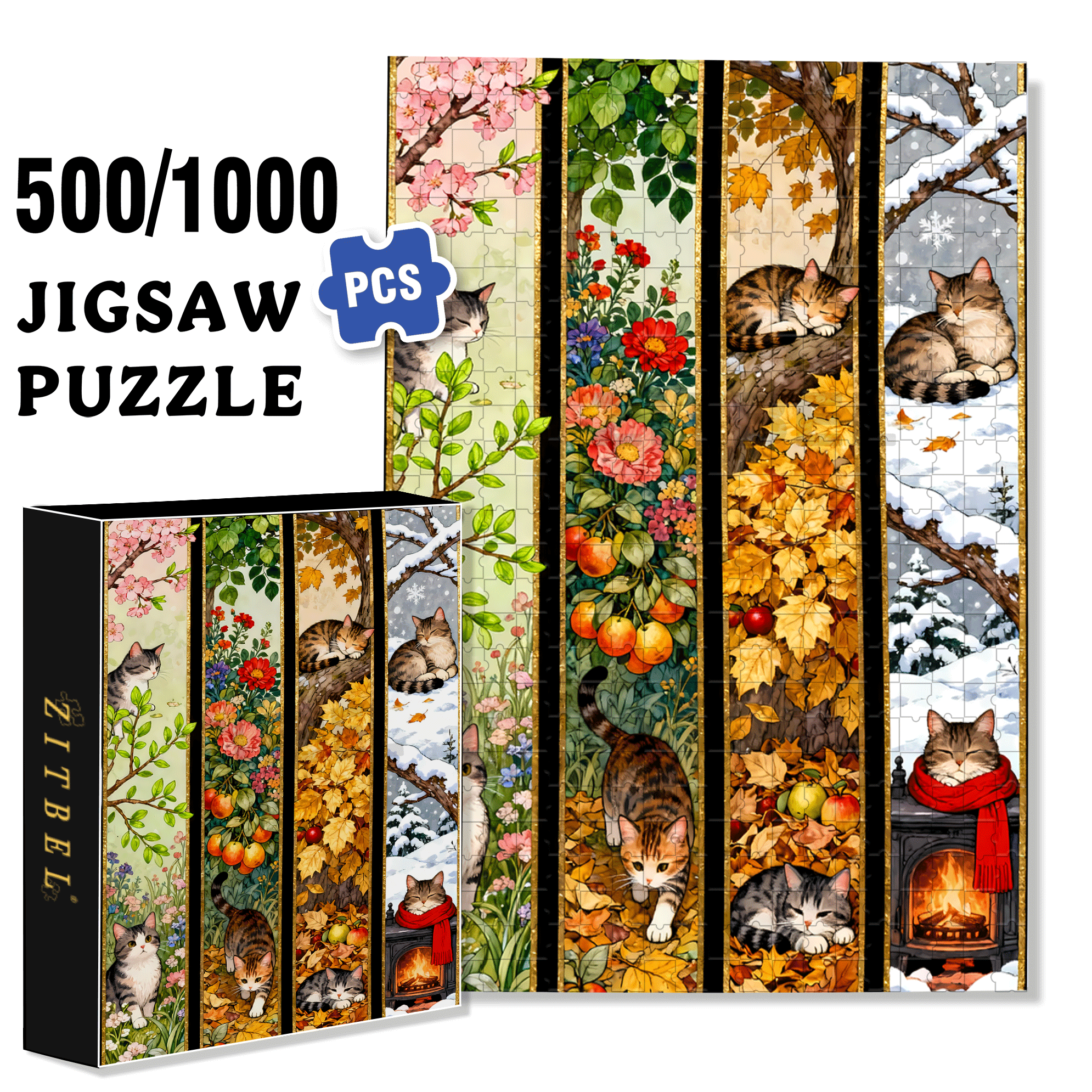 Cat's Seasons 500pcs/1000pcs Jigsaw Puzzle, Scratch-Resistant, Interactive Family Game & Brain-Boosting DIY Decor, Perfect for Halloween, Christmas & New Year Gifts, Family Puzzle Game