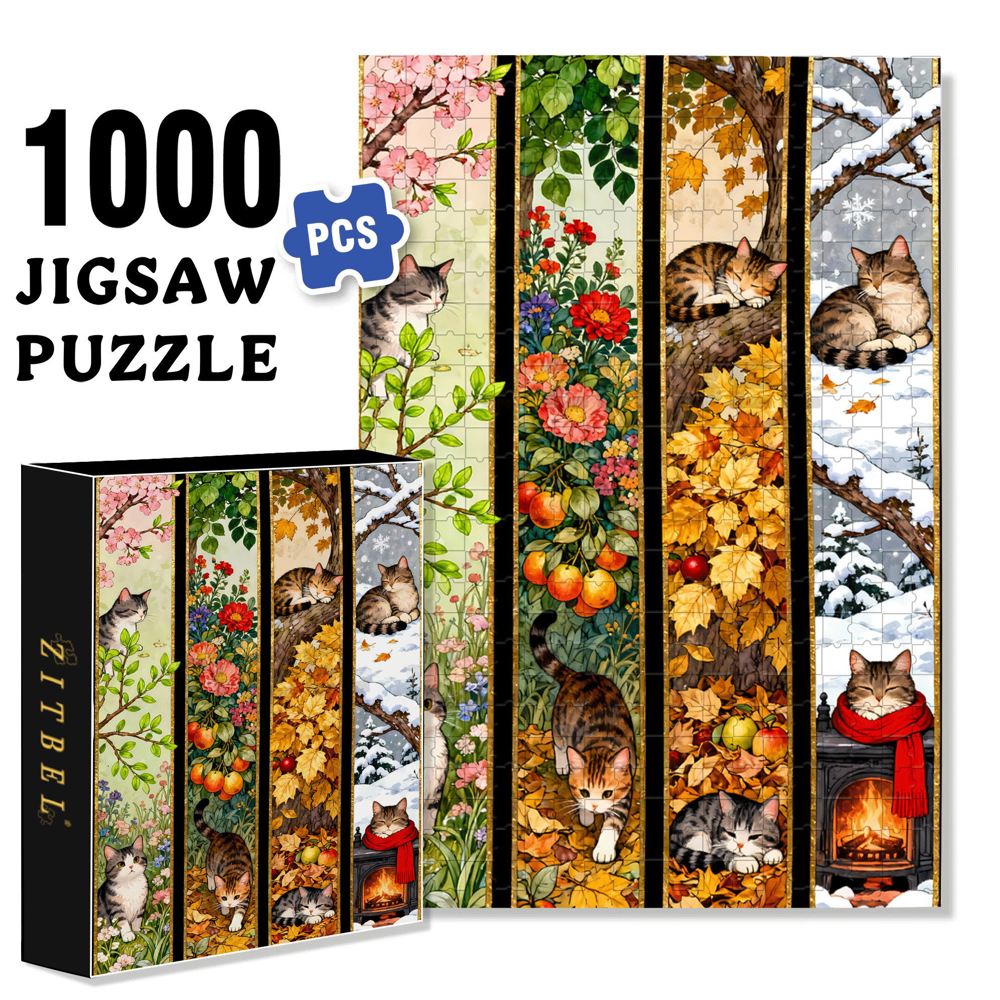 Cat's Seasons 500pcs/1000pcs Jigsaw Puzzle, Scratch-Resistant, Interactive Family Game & Brain-Boosting DIY Decor, Perfect for Halloween, Christmas & New Year Gifts, Family Puzzle Game