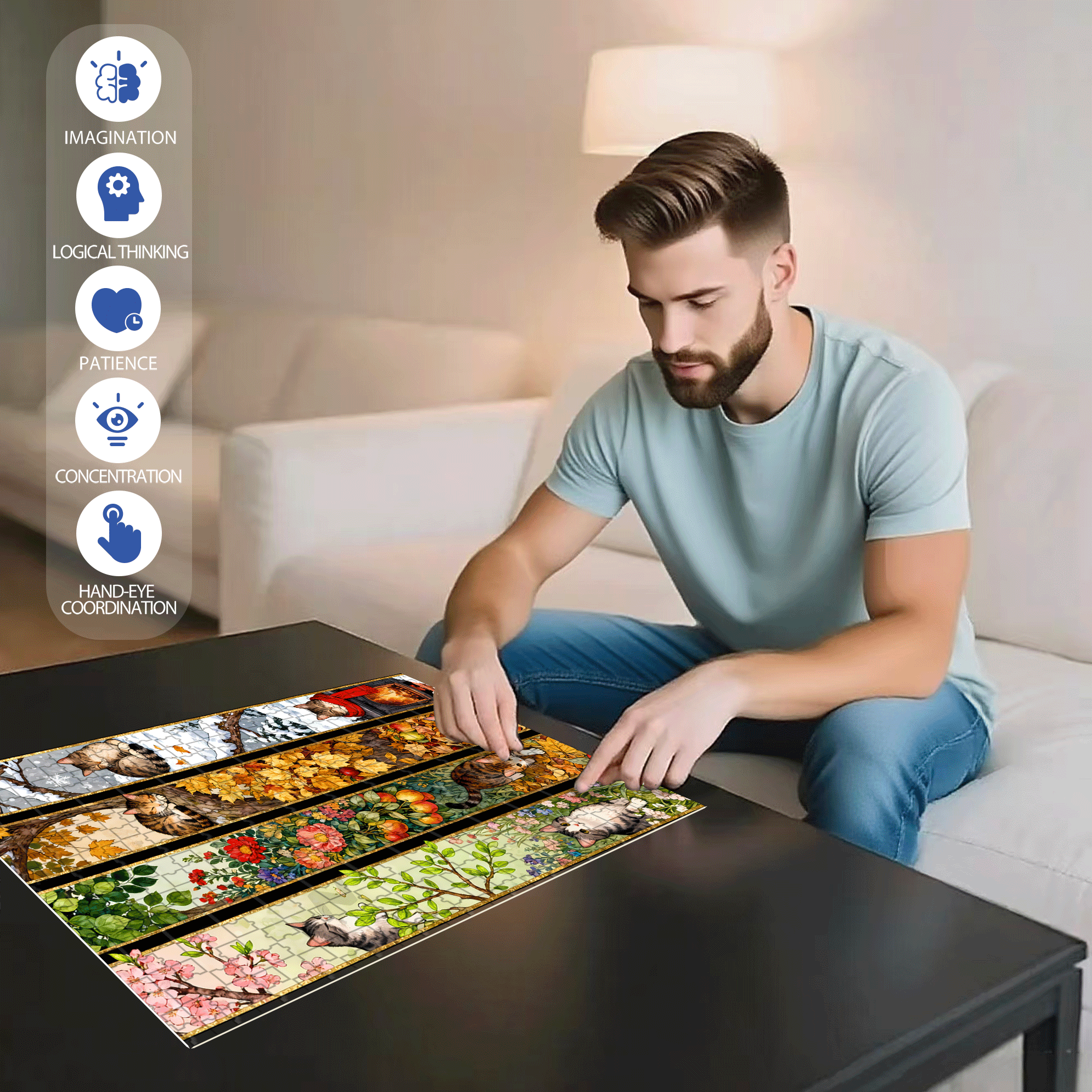 Cat's Seasons 500pcs/1000pcs Jigsaw Puzzle, Scratch-Resistant, Interactive Family Game & Brain-Boosting DIY Decor, Perfect for Halloween, Christmas & New Year Gifts, Family Puzzle Game