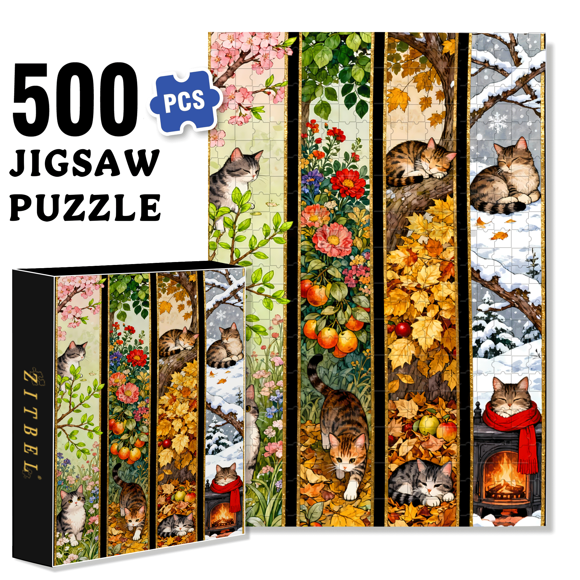 Cat's Seasons 500pcs/1000pcs Jigsaw Puzzle, Scratch-Resistant, Interactive Family Game & Brain-Boosting DIY Decor, Perfect for Halloween, Christmas & New Year Gifts, Family Puzzle Game