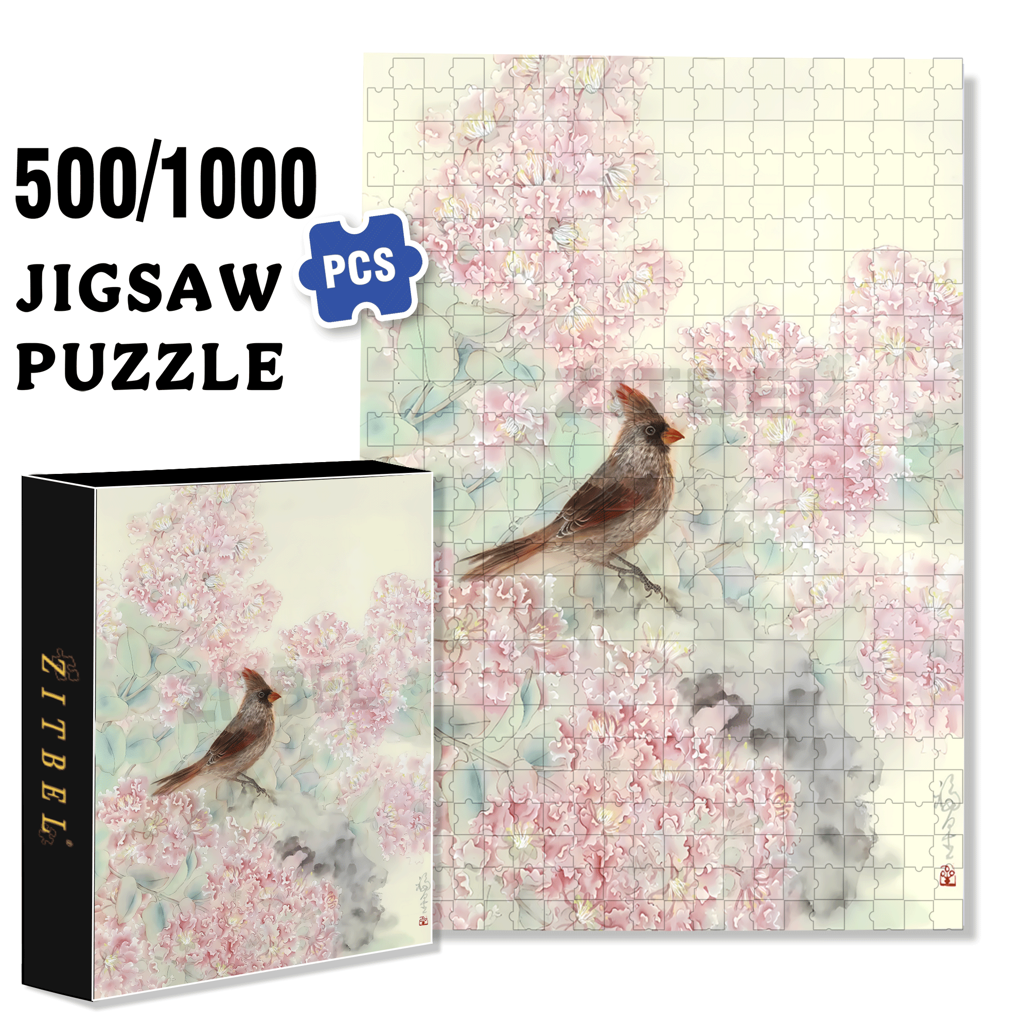 Crape Myrtle and Cardinal 500pcs/1000pcs Jigsaw Puzzle, Scratch-Resistant, Interactive Family Game & Brain-Boosting DIY Decor, Perfect for Halloween, Christmas & New Year Gifts, Family Puzzle Game
