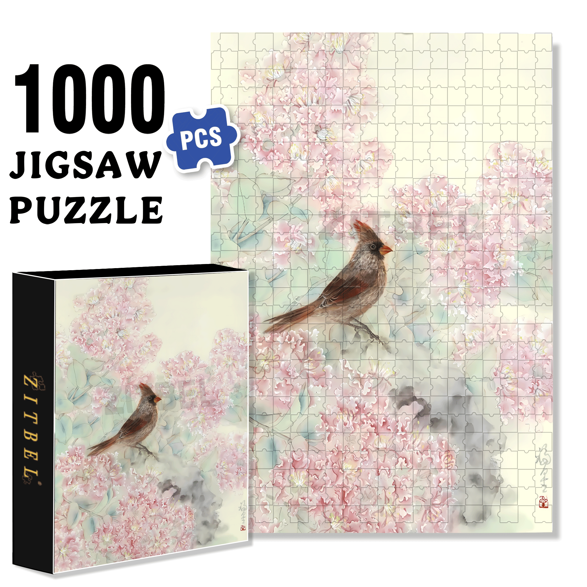 Crape Myrtle and Cardinal 500pcs/1000pcs Jigsaw Puzzle, Scratch-Resistant, Interactive Family Game & Brain-Boosting DIY Decor, Perfect for Halloween, Christmas & New Year Gifts, Family Puzzle Game