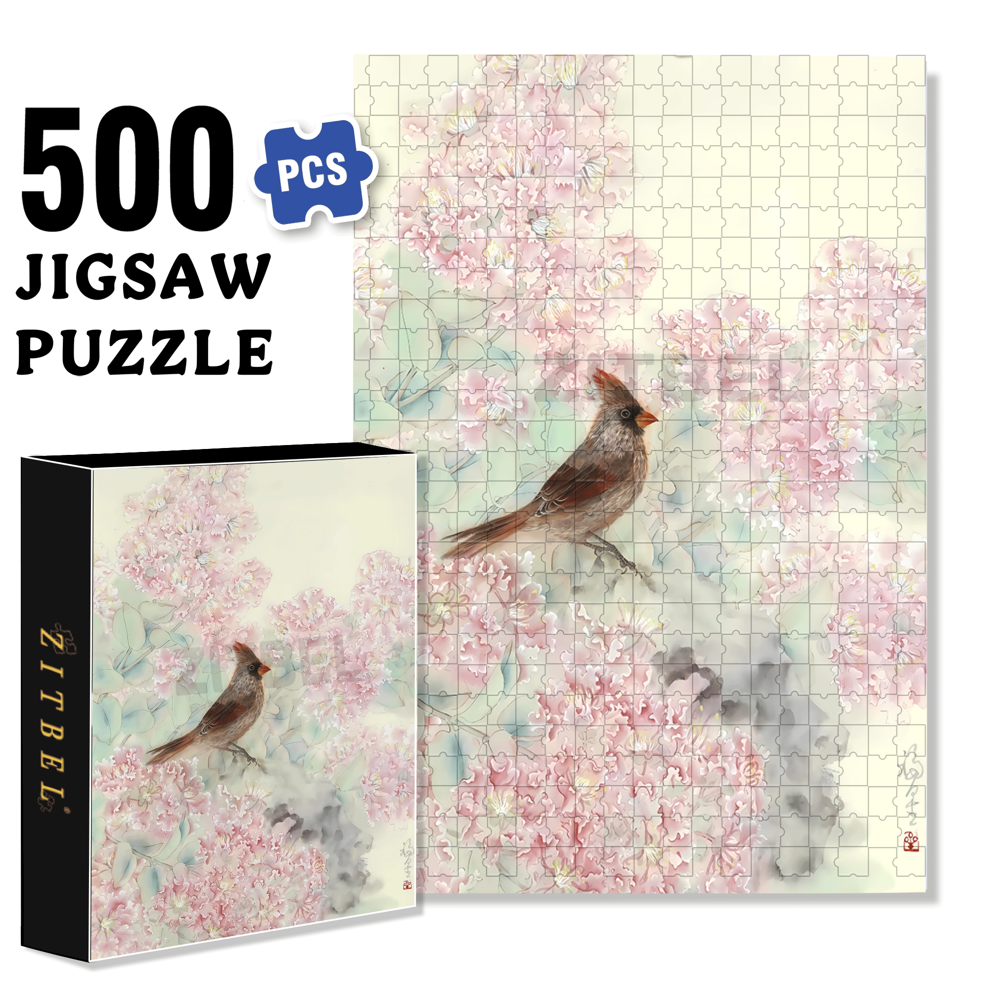 Crape Myrtle and Cardinal 500pcs/1000pcs Jigsaw Puzzle, Scratch-Resistant, Interactive Family Game & Brain-Boosting DIY Decor, Perfect for Halloween, Christmas & New Year Gifts, Family Puzzle Game