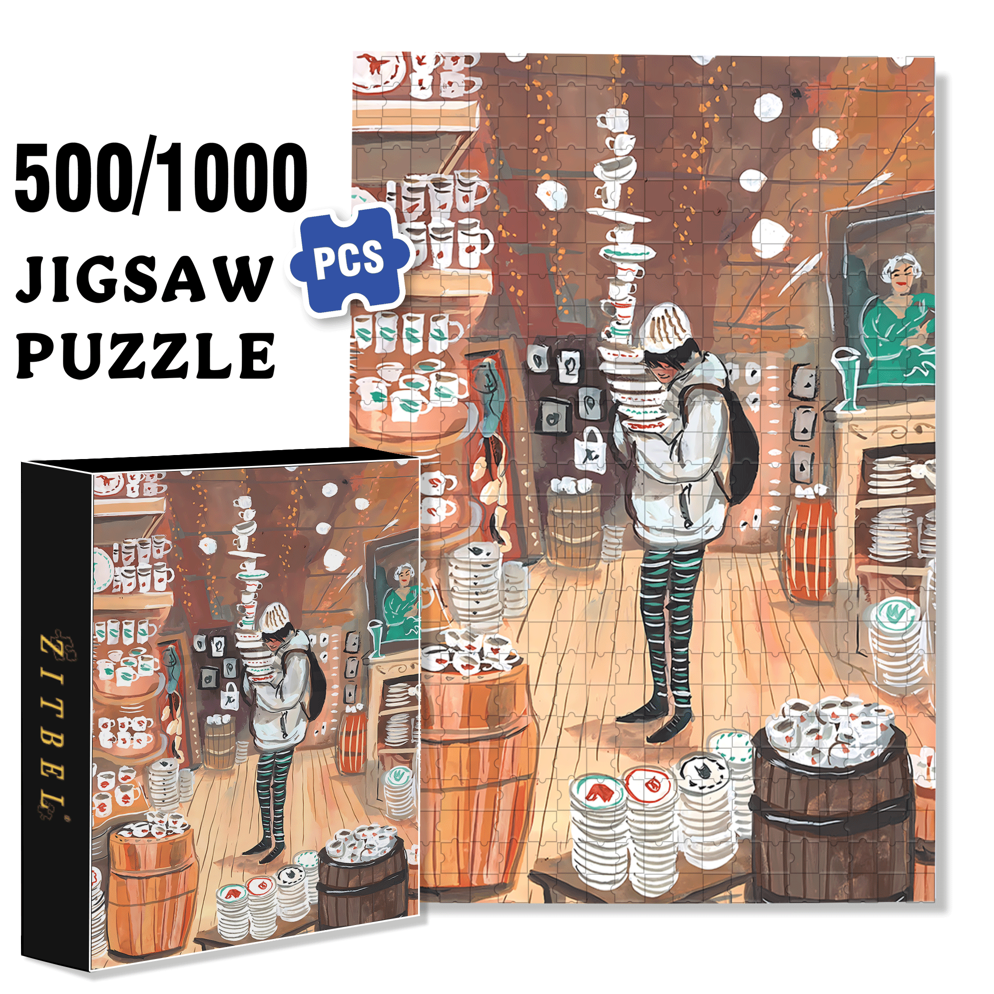Dish Store 500pcs/1000pcs Jigsaw Puzzle, Scratch-Resistant, Interactive Family Game & Brain-Boosting DIY Decor, Perfect for Halloween, Christmas & New Year Gifts, Family Puzzle Game