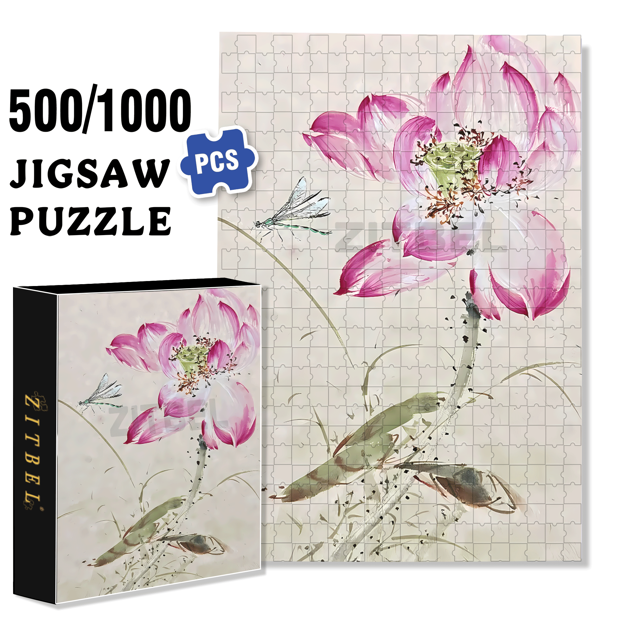 Dragonfly and Lotus 500pcs/1000pcs Jigsaw Puzzle, Scratch-Resistant, Interactive Family Game & Brain-Boosting DIY Decor, Perfect for Halloween, Christmas & New Year Gifts, Family Puzzle Game