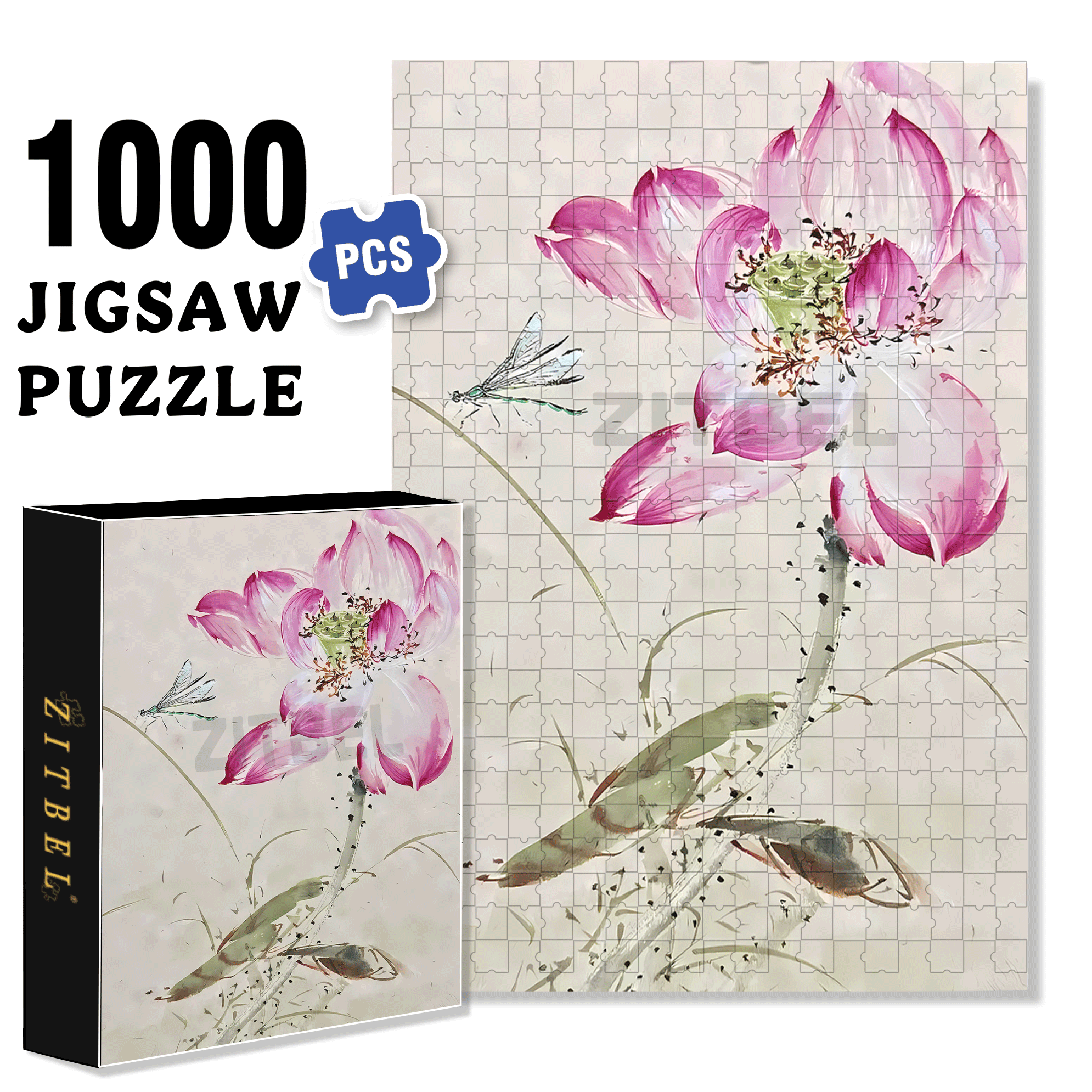 Dragonfly and Lotus 500pcs/1000pcs Jigsaw Puzzle, Scratch-Resistant, Interactive Family Game & Brain-Boosting DIY Decor, Perfect for Halloween, Christmas & New Year Gifts, Family Puzzle Game