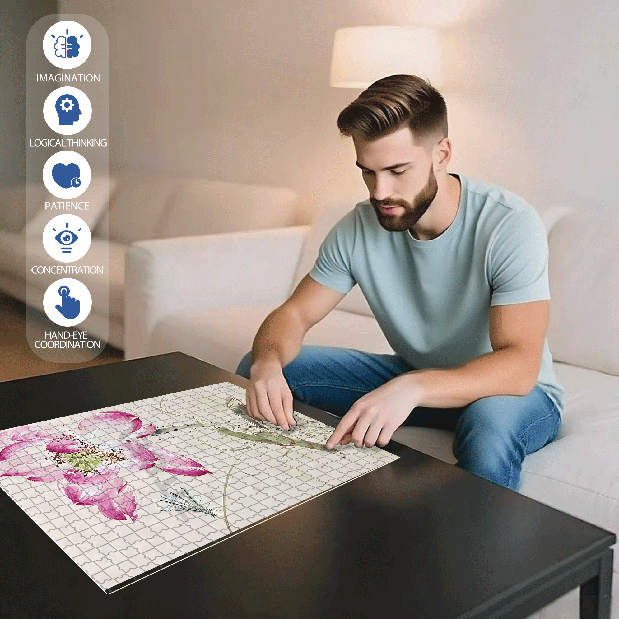 Dragonfly and Lotus 500pcs/1000pcs Jigsaw Puzzle, Scratch-Resistant, Interactive Family Game & Brain-Boosting DIY Decor, Perfect for Halloween, Christmas & New Year Gifts, Family Puzzle Game