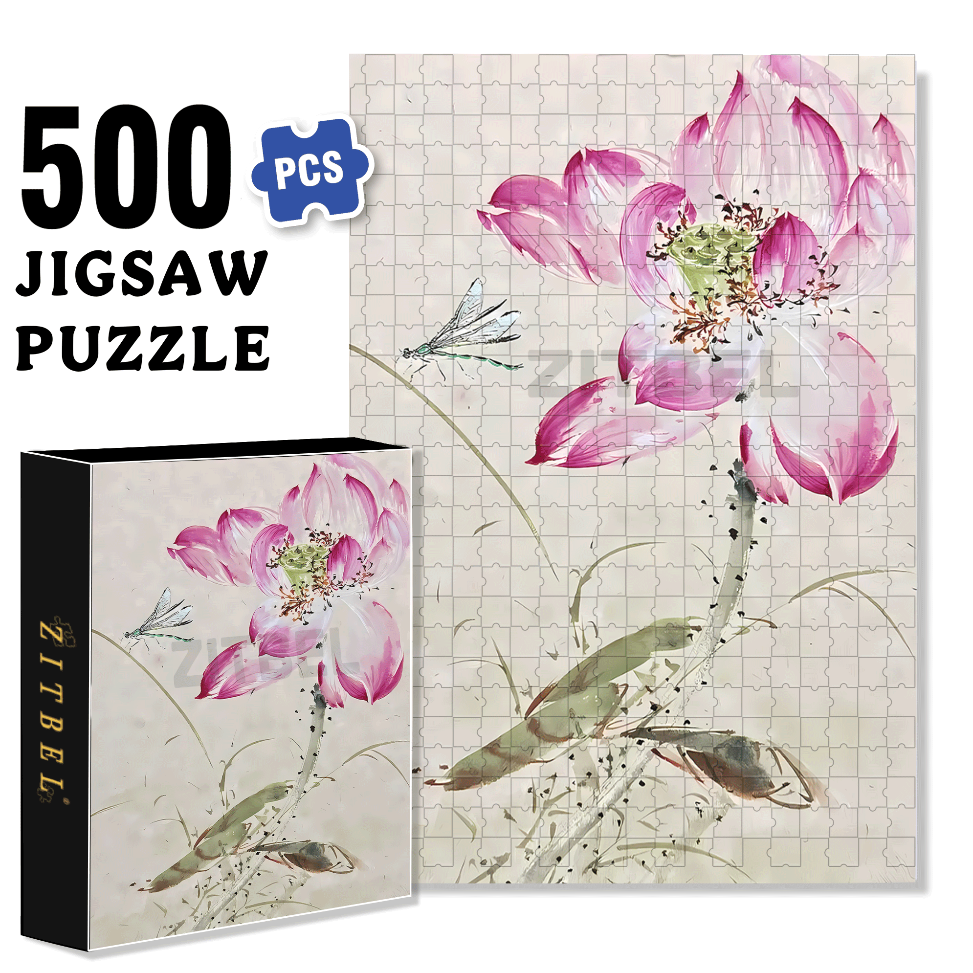 Dragonfly and Lotus 500pcs/1000pcs Jigsaw Puzzle, Scratch-Resistant, Interactive Family Game & Brain-Boosting DIY Decor, Perfect for Halloween, Christmas & New Year Gifts, Family Puzzle Game
