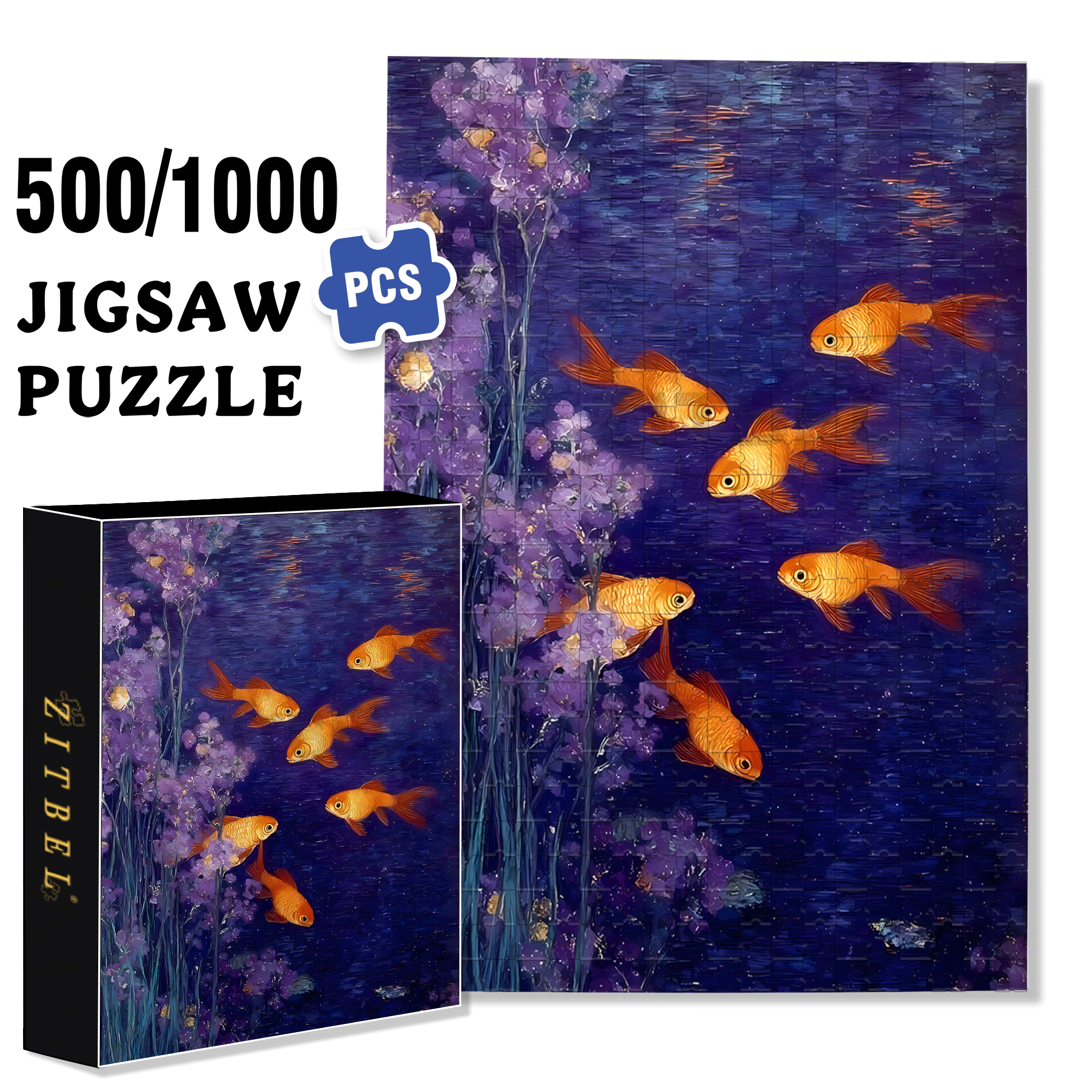 Glowing Goldfish 500pcs/1000pcs Jigsaw Puzzle, Scratch-Resistant, Interactive Family Game & Brain-Boosting DIY Decor, Perfect for Halloween, Christmas & New Year Gifts, Family Puzzle Game