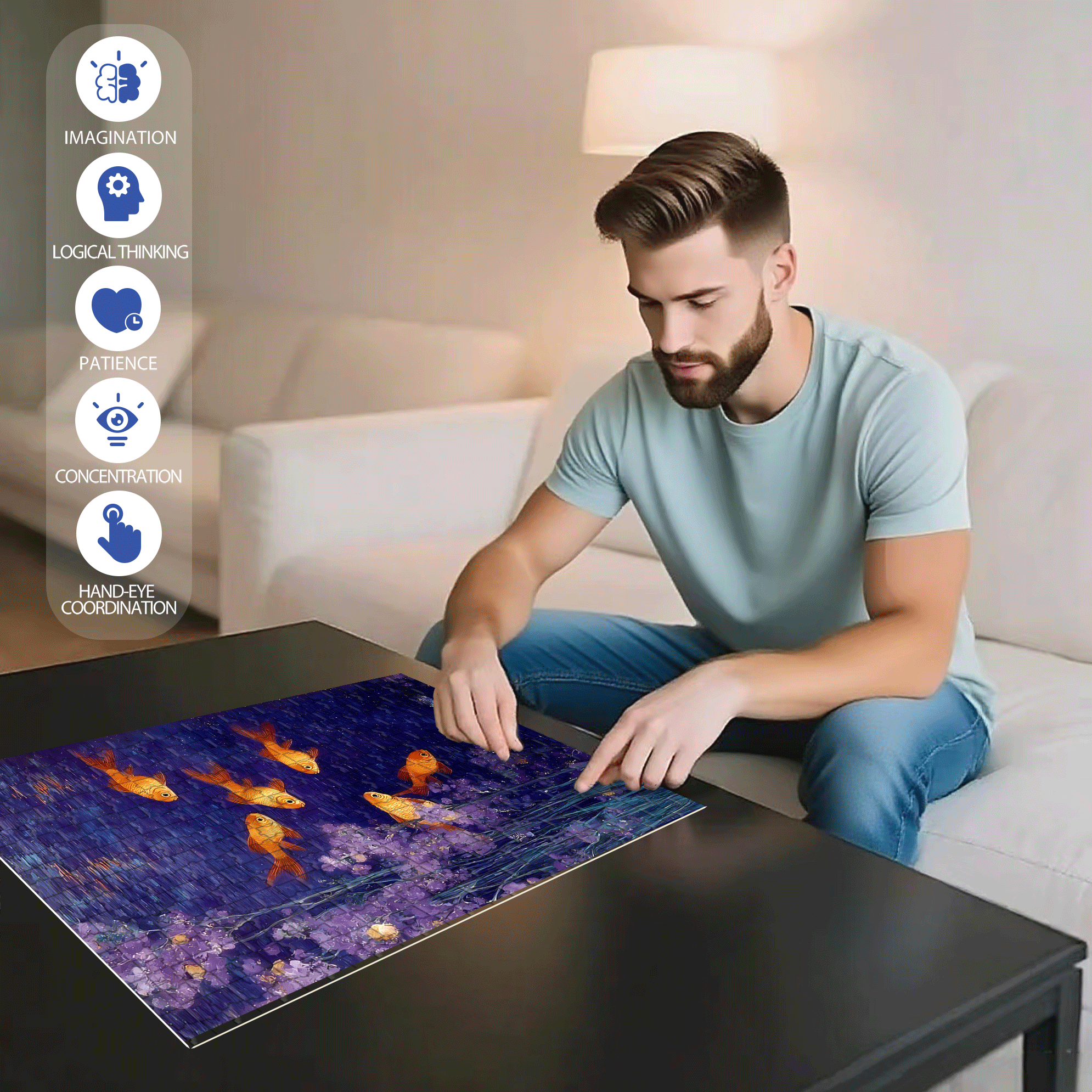 Glowing Goldfish 500pcs/1000pcs Jigsaw Puzzle, Scratch-Resistant, Interactive Family Game & Brain-Boosting DIY Decor, Perfect for Halloween, Christmas & New Year Gifts, Family Puzzle Game