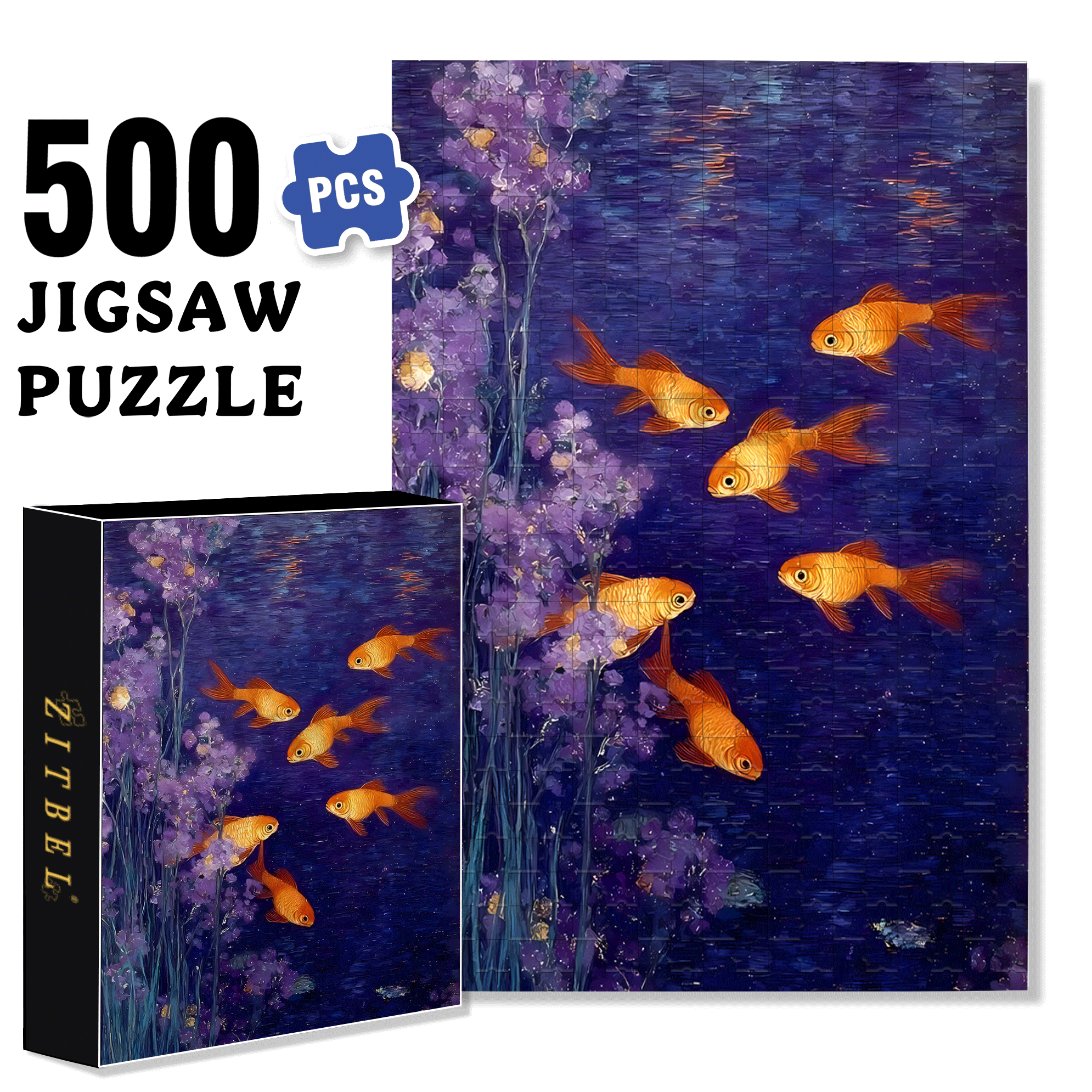 Glowing Goldfish 500pcs/1000pcs Jigsaw Puzzle, Scratch-Resistant, Interactive Family Game & Brain-Boosting DIY Decor, Perfect for Halloween, Christmas & New Year Gifts, Family Puzzle Game