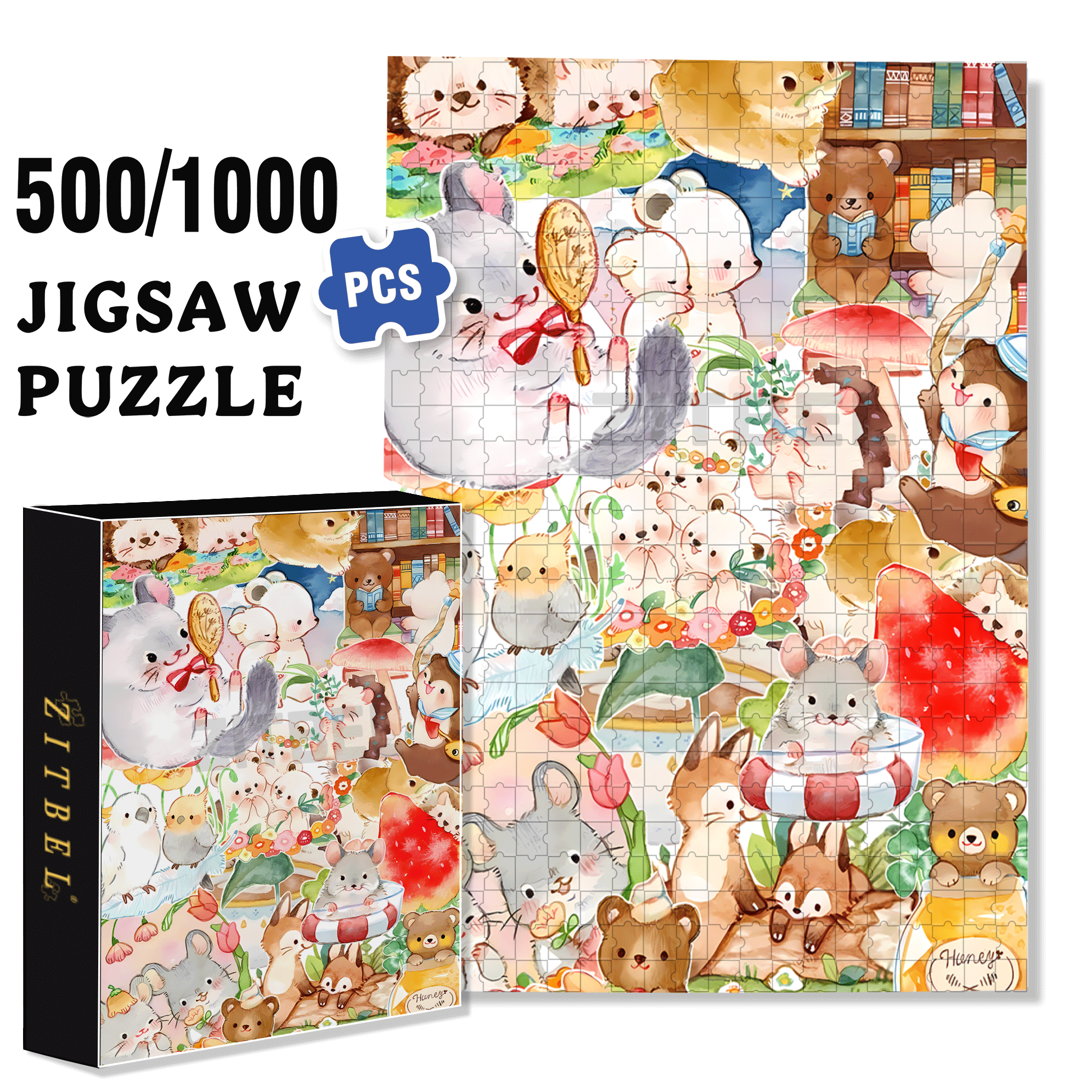 Happy Little Animals 500pcs/1000pcs Jigsaw Puzzle, Scratch-Resistant, Interactive Family Game & Brain-Boosting DIY Decor, Perfect for Halloween, Christmas & New Year Gifts, Family Puzzle Game