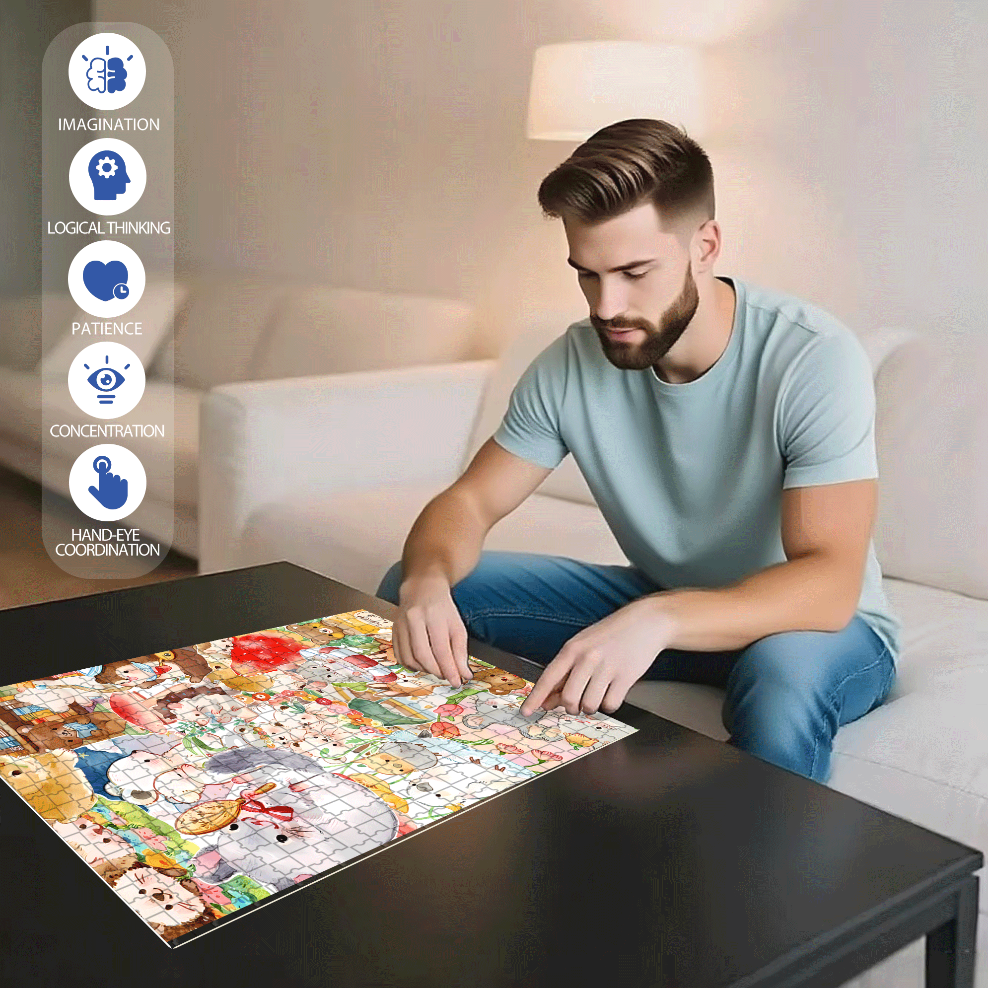 Happy Little Animals 500pcs/1000pcs Jigsaw Puzzle, Scratch-Resistant, Interactive Family Game & Brain-Boosting DIY Decor, Perfect for Halloween, Christmas & New Year Gifts, Family Puzzle Game