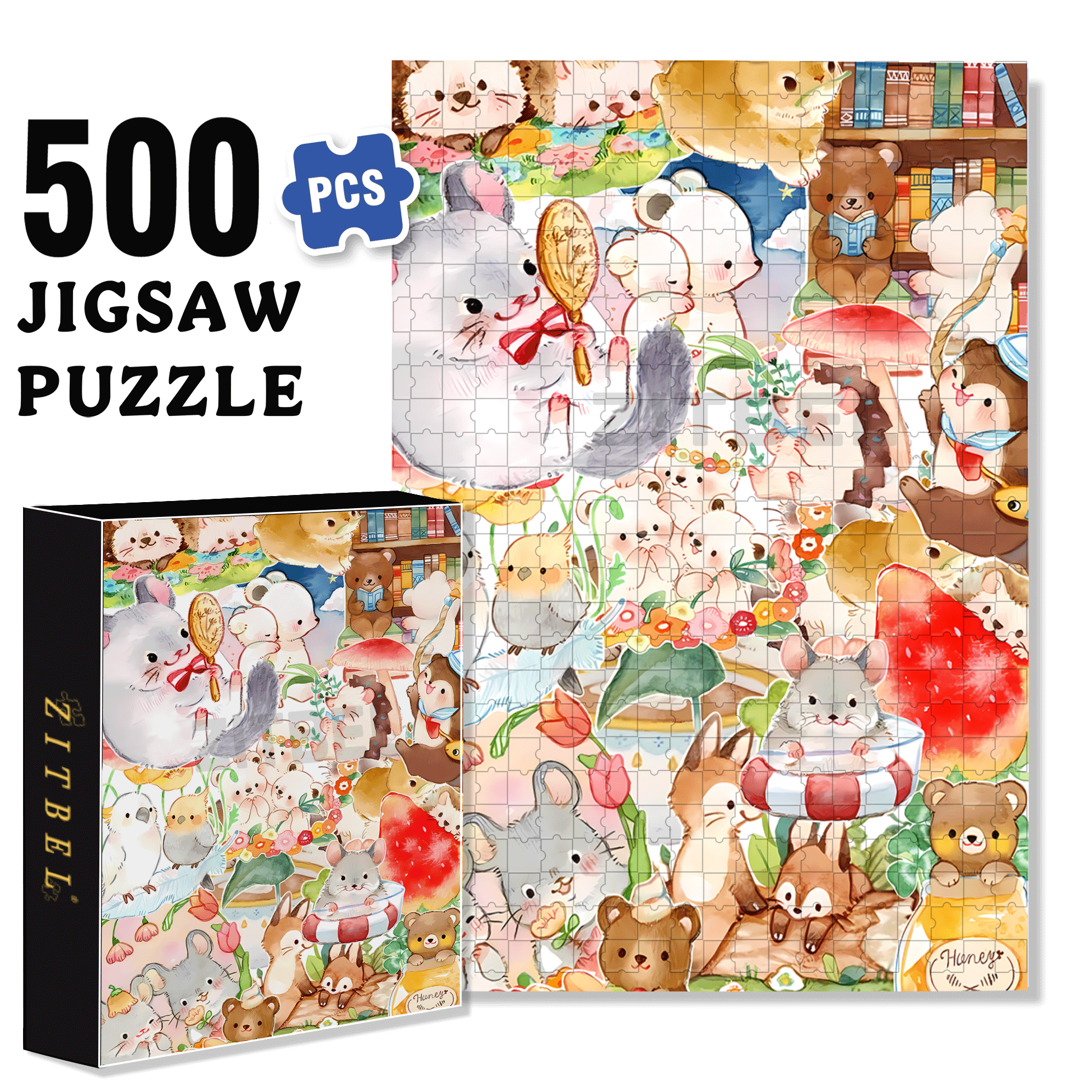 Happy Little Animals 500pcs/1000pcs Jigsaw Puzzle, Scratch-Resistant, Interactive Family Game & Brain-Boosting DIY Decor, Perfect for Halloween, Christmas & New Year Gifts, Family Puzzle Game