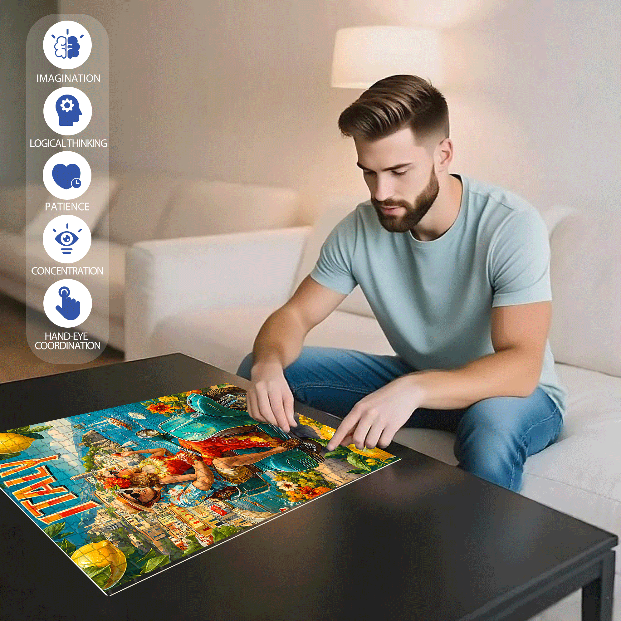 Italian Sunshine 500pcs/1000pcs Jigsaw Puzzle, Scratch-Resistant, Interactive Family Game & Brain-Boosting DIY Decor, Perfect for Halloween, Christmas & New Year Gifts, Family Puzzle Game
