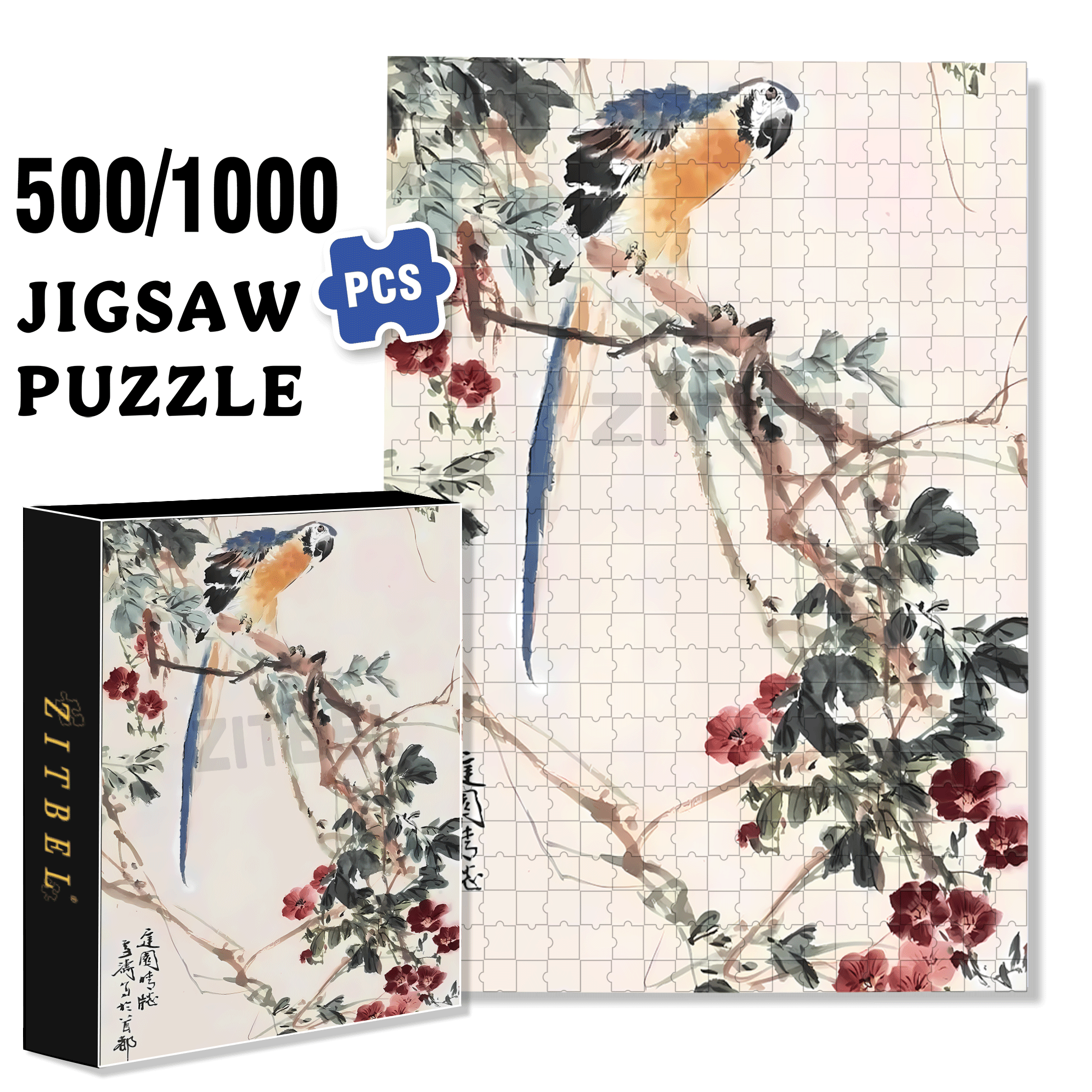 Macaw On A Branch 500pcs/1000pcs Jigsaw Puzzle, Scratch-Resistant, Interactive Family Game & Brain-Boosting DIY Decor, Perfect for Halloween, Christmas & New Year Gifts, Family Puzzle Game