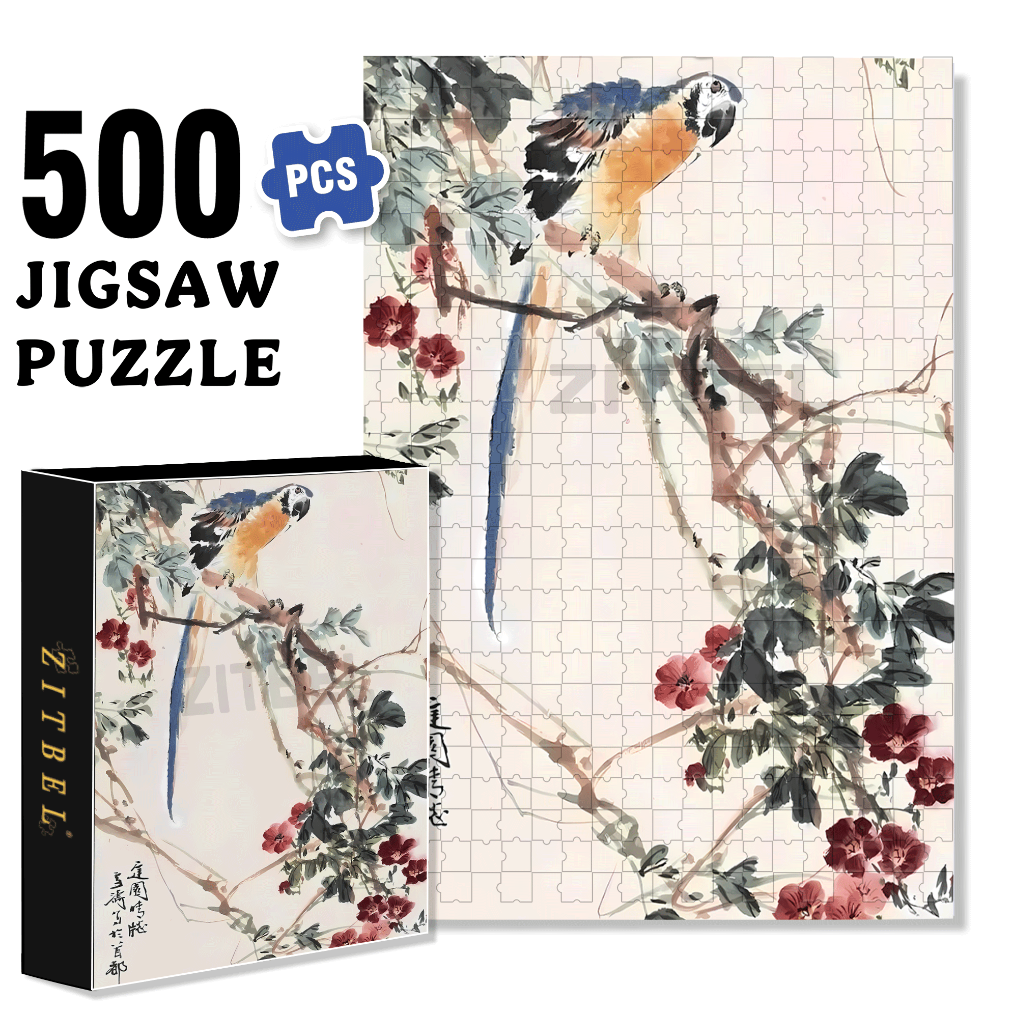 Macaw On A Branch 500pcs/1000pcs Jigsaw Puzzle, Scratch-Resistant, Interactive Family Game & Brain-Boosting DIY Decor, Perfect for Halloween, Christmas & New Year Gifts, Family Puzzle Game
