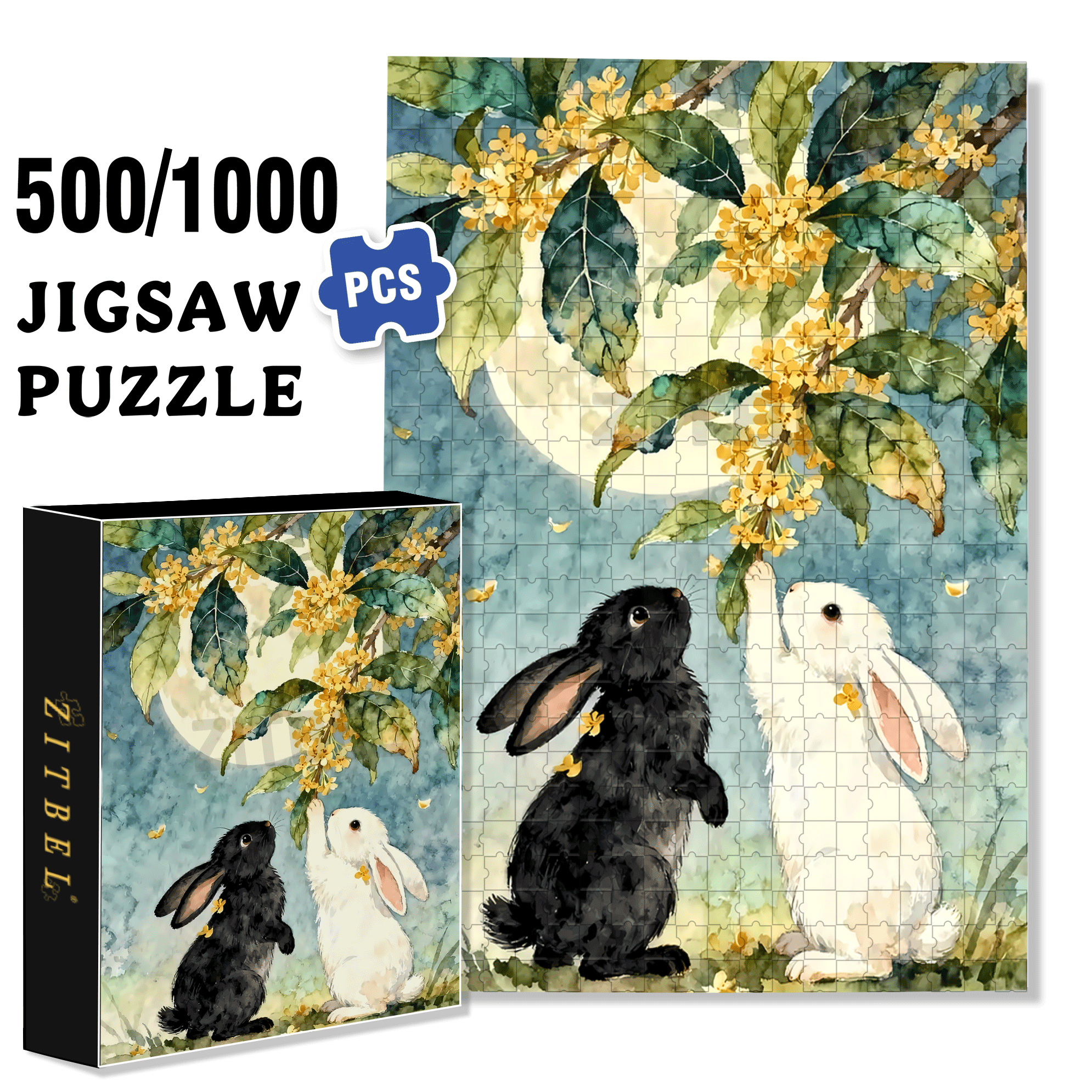 Osmanthus and Rabbit 500pcs/1000pcs Jigsaw Puzzle, Scratch-Resistant, Interactive Family Game & Brain-Boosting DIY Decor, Perfect for Halloween, Christmas & New Year Gifts, Family Puzzle Game