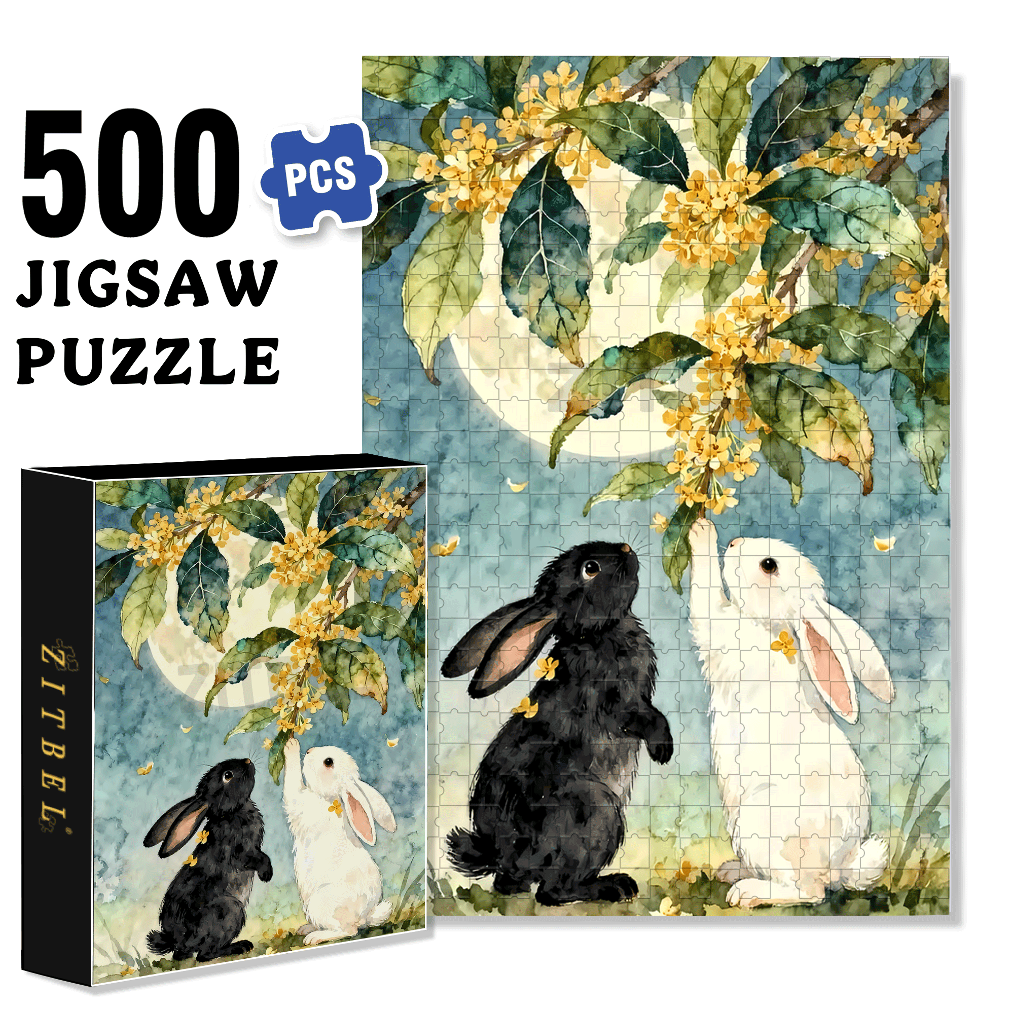 Osmanthus and Rabbit 500pcs/1000pcs Jigsaw Puzzle, Scratch-Resistant, Interactive Family Game & Brain-Boosting DIY Decor, Perfect for Halloween, Christmas & New Year Gifts, Family Puzzle Game