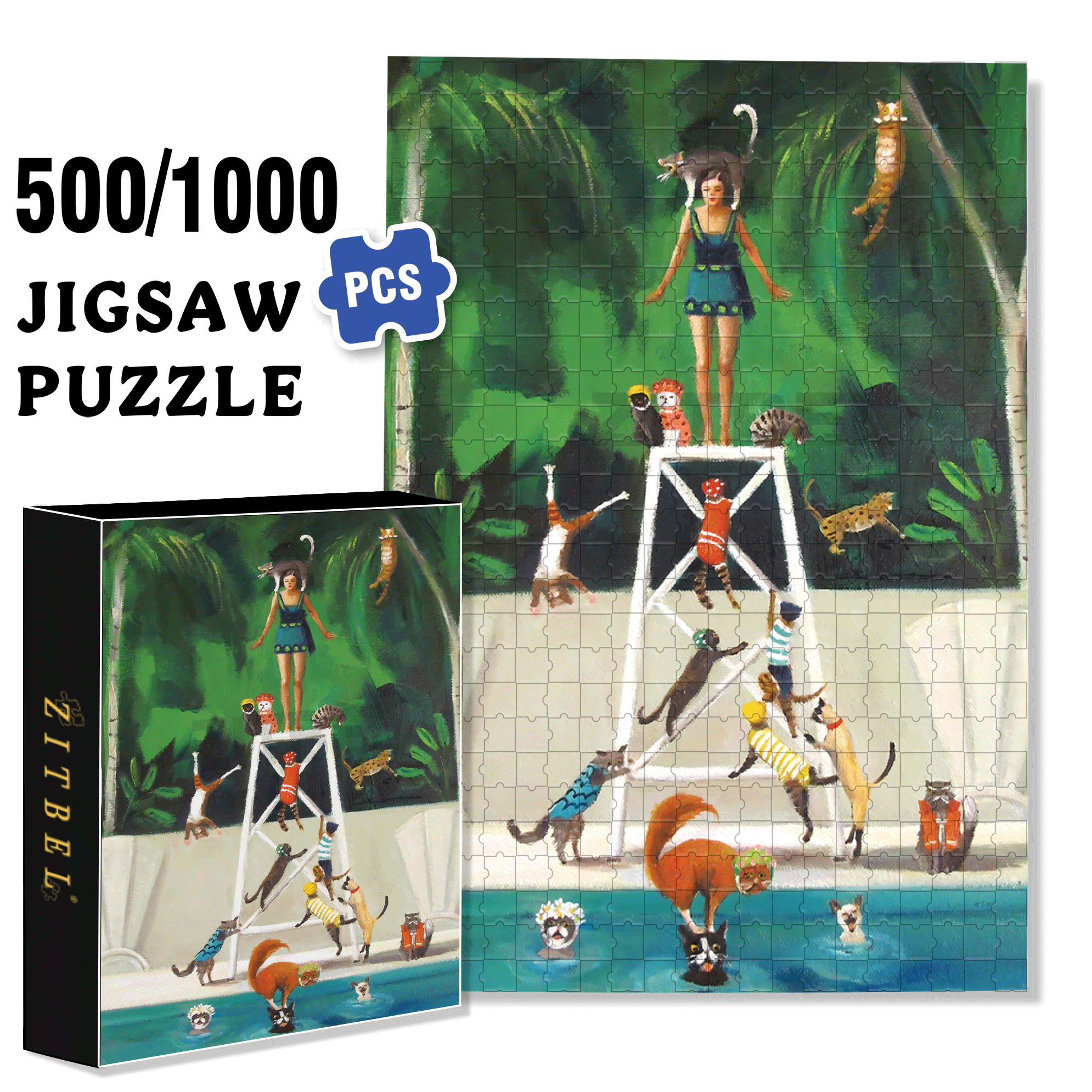 Pool Kitties 500pcs/1000pcs Jigsaw Puzzle, Scratch-Resistant, Interactive Family Game & Brain-Boosting DIY Decor, Perfect for Halloween, Christmas & New Year Gifts, Family Puzzle Game