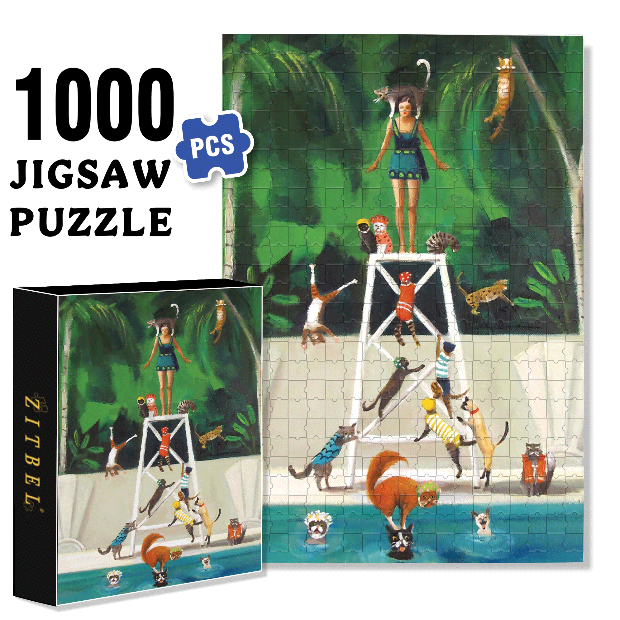 Pool Kitties 500pcs/1000pcs Jigsaw Puzzle, Scratch-Resistant, Interactive Family Game & Brain-Boosting DIY Decor, Perfect for Halloween, Christmas & New Year Gifts, Family Puzzle Game
