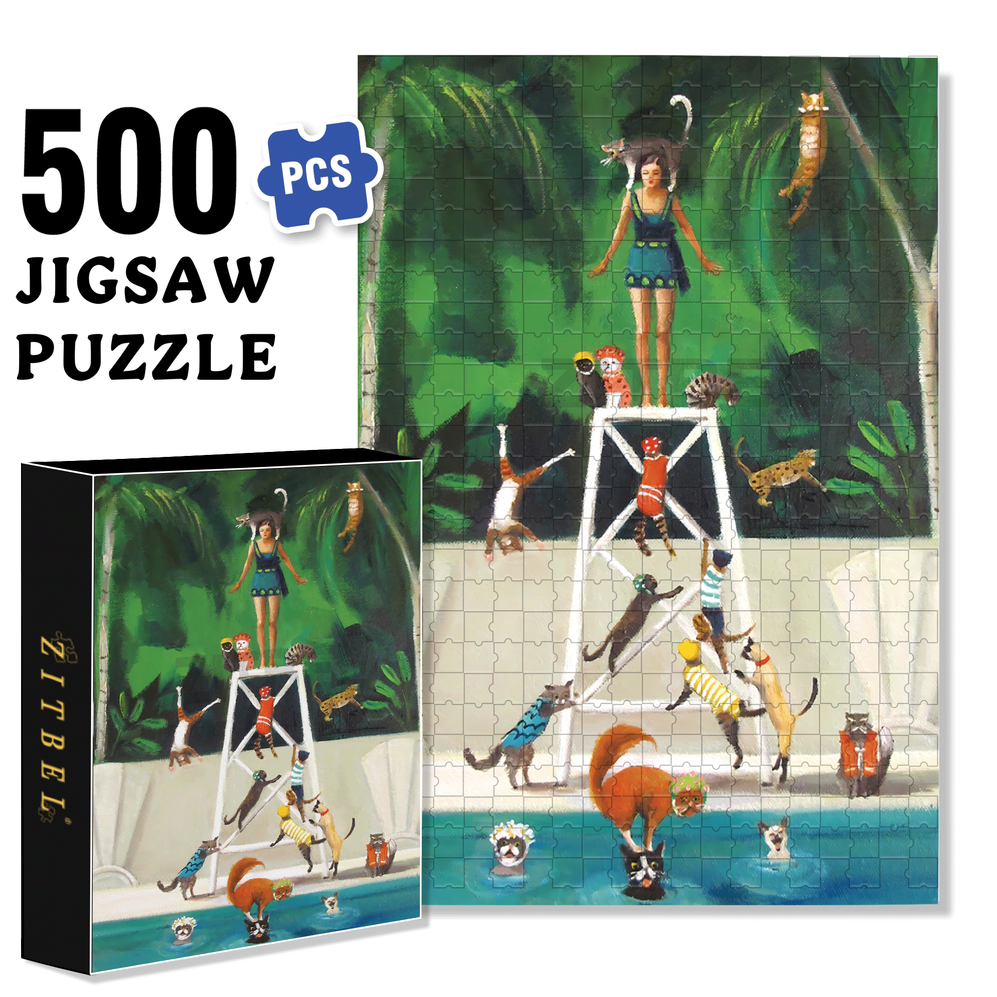 Pool Kitties 500pcs/1000pcs Jigsaw Puzzle, Scratch-Resistant, Interactive Family Game & Brain-Boosting DIY Decor, Perfect for Halloween, Christmas & New Year Gifts, Family Puzzle Game