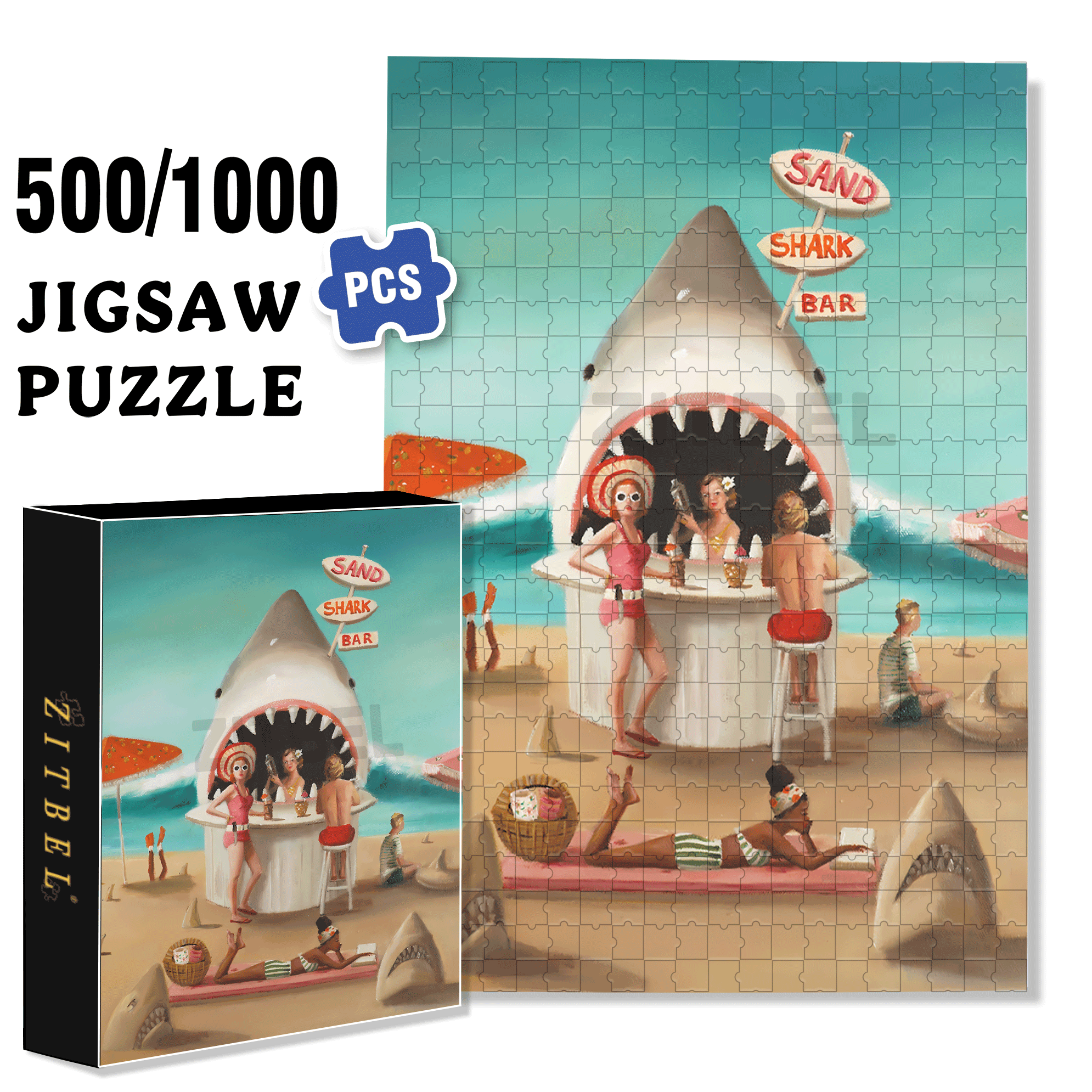 Sand Shark Bar 500pcs/1000pcs Jigsaw Puzzle, Scratch-Resistant, Interactive Family Game & Brain-Boosting DIY Decor, Perfect for Halloween, Christmas & New Year Gifts, Family Puzzle Game