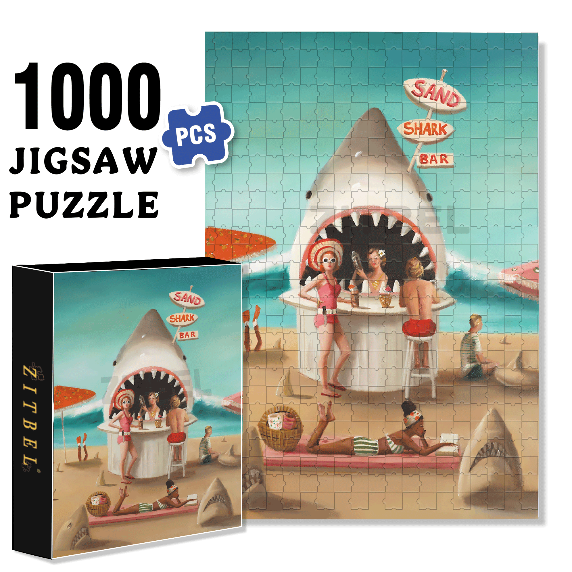 Sand Shark Bar 500pcs/1000pcs Jigsaw Puzzle, Scratch-Resistant, Interactive Family Game & Brain-Boosting DIY Decor, Perfect for Halloween, Christmas & New Year Gifts, Family Puzzle Game