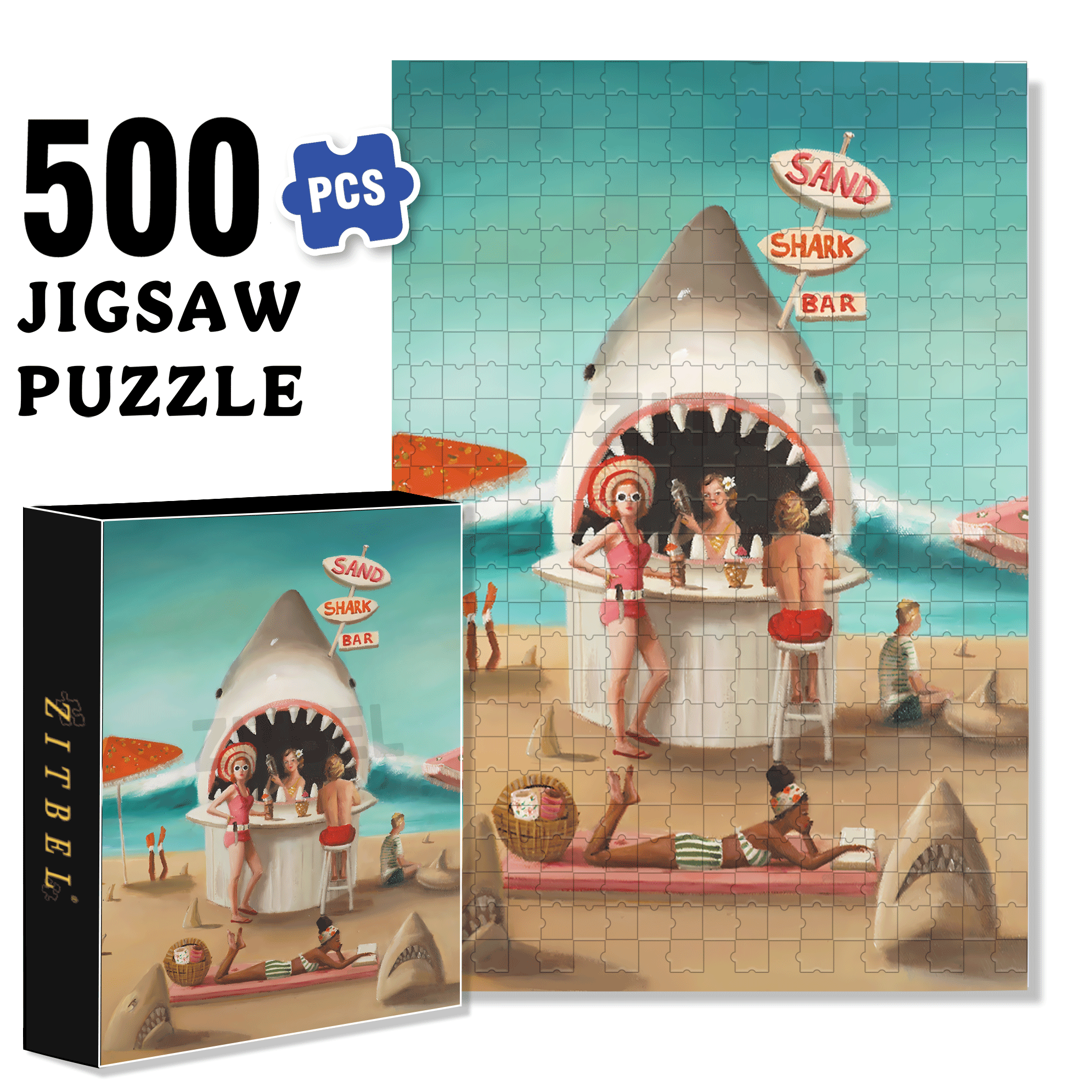 Sand Shark Bar 500pcs/1000pcs Jigsaw Puzzle, Scratch-Resistant, Interactive Family Game & Brain-Boosting DIY Decor, Perfect for Halloween, Christmas & New Year Gifts, Family Puzzle Game