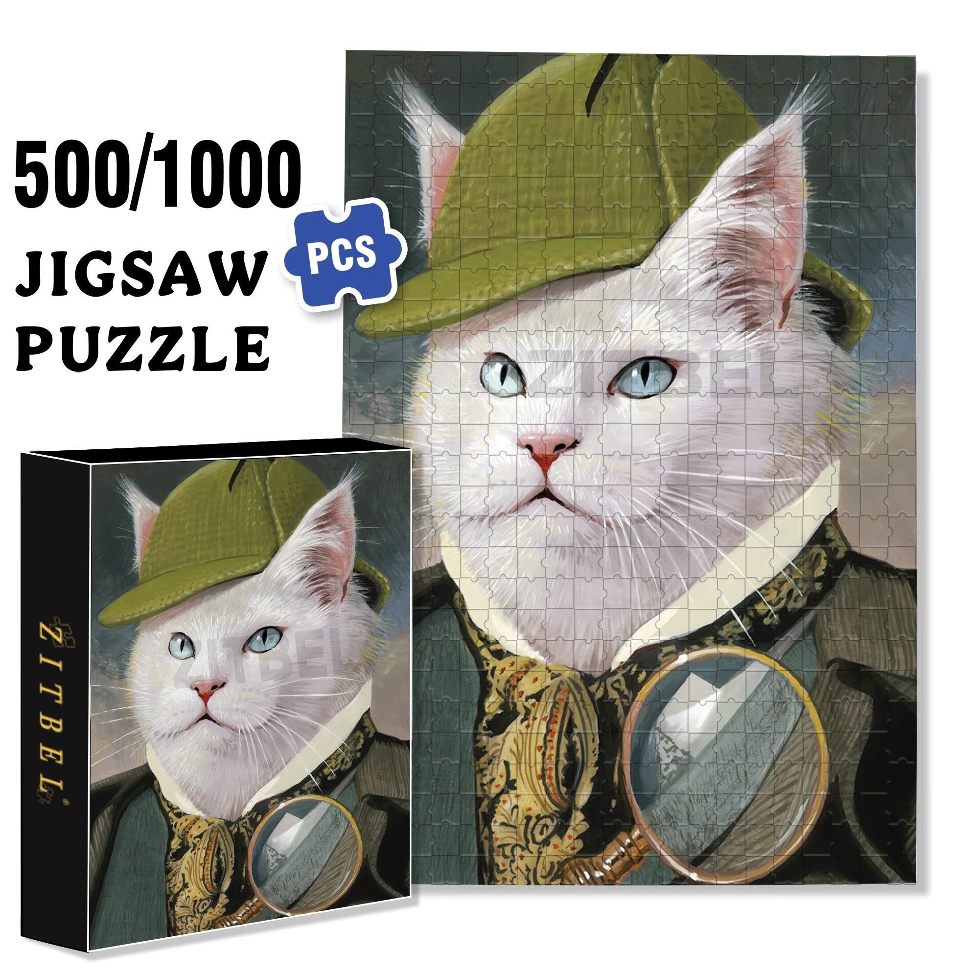 Snowball - Cat Detective 500pcs/1000pcs Jigsaw Puzzle, Scratch-Resistant, Interactive Family Game & Brain-Boosting DIY Decor, Perfect for Halloween, Christmas & New Year Gifts, Family Puzzle Game