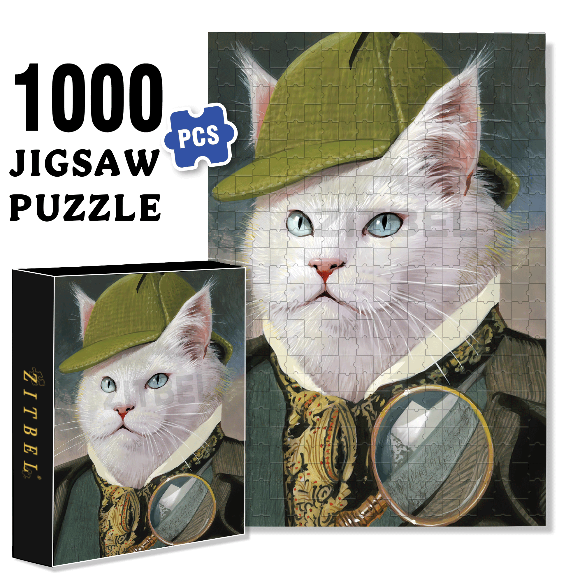 Snowball - Cat Detective 500pcs/1000pcs Jigsaw Puzzle, Scratch-Resistant, Interactive Family Game & Brain-Boosting DIY Decor, Perfect for Halloween, Christmas & New Year Gifts, Family Puzzle Game