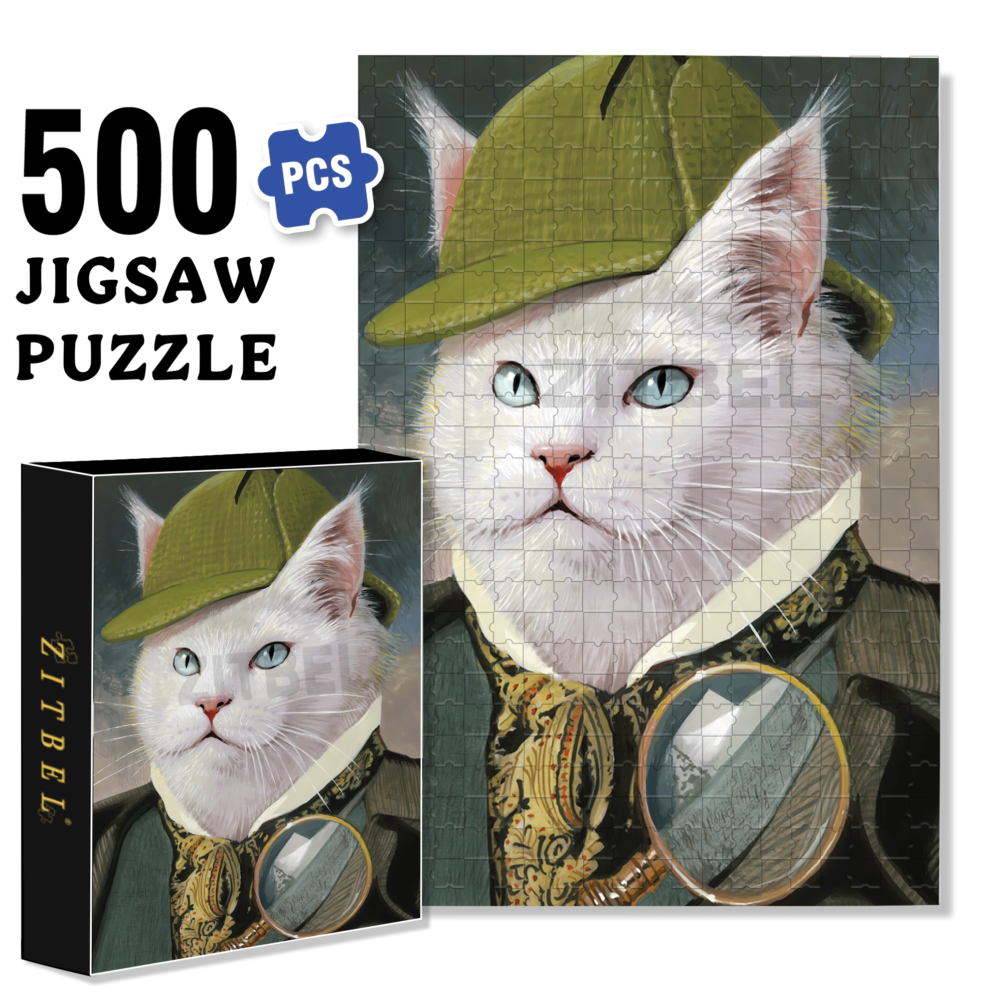 Snowball - Cat Detective 500pcs/1000pcs Jigsaw Puzzle, Scratch-Resistant, Interactive Family Game & Brain-Boosting DIY Decor, Perfect for Halloween, Christmas & New Year Gifts, Family Puzzle Game