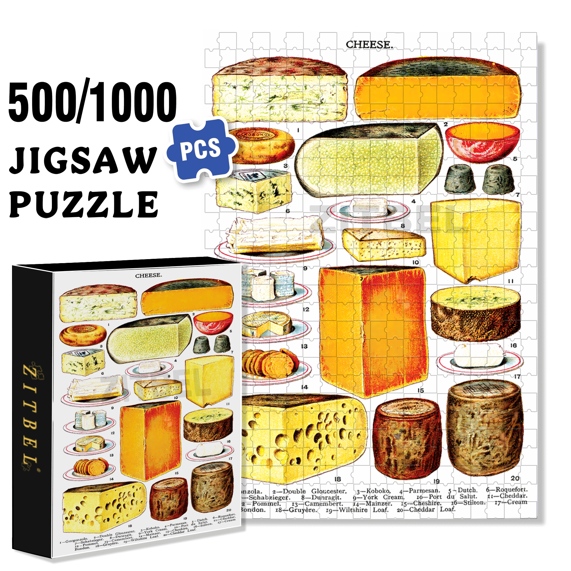 Types Of Cheese 500pcs/1000pcs Jigsaw Puzzle, Scratch-Resistant, Interactive Family Game & Brain-Boosting DIY Decor, Perfect for Halloween, Christmas & New Year Gifts, Family Puzzle Game