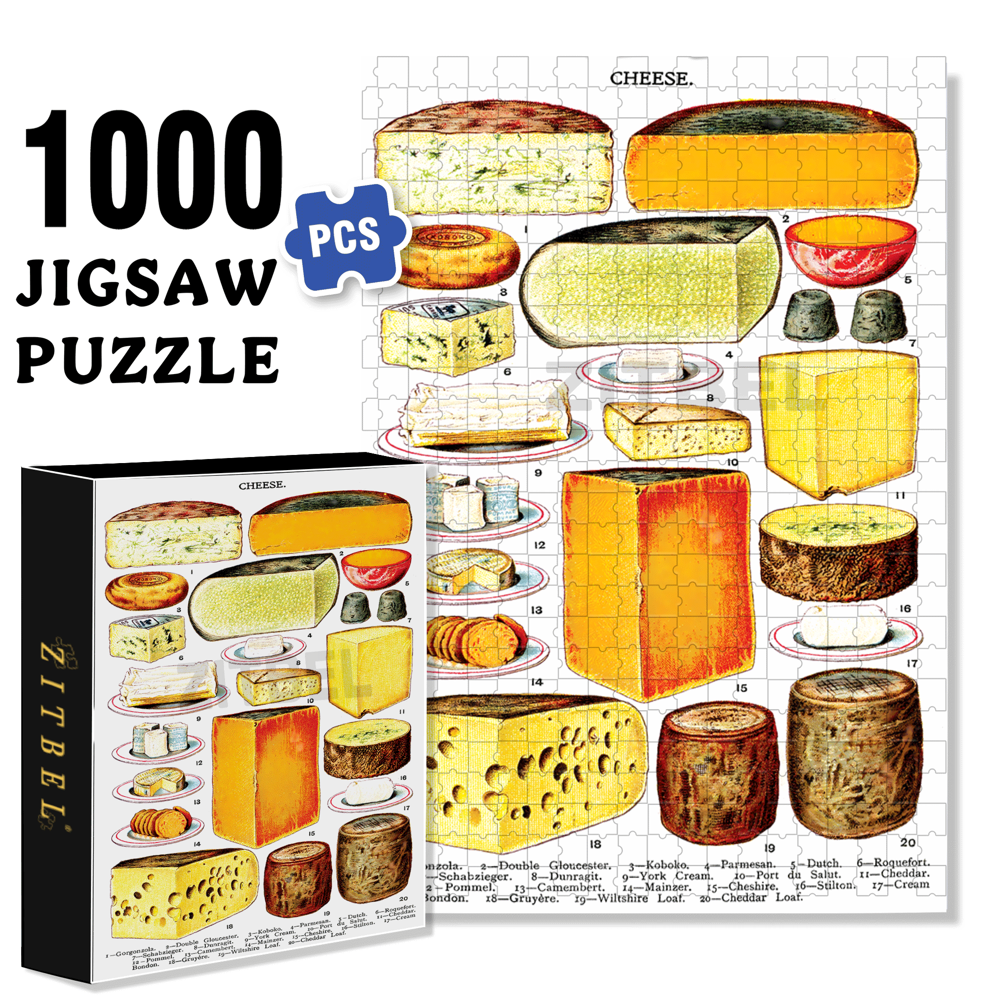 Types Of Cheese 500pcs/1000pcs Jigsaw Puzzle, Scratch-Resistant, Interactive Family Game & Brain-Boosting DIY Decor, Perfect for Halloween, Christmas & New Year Gifts, Family Puzzle Game