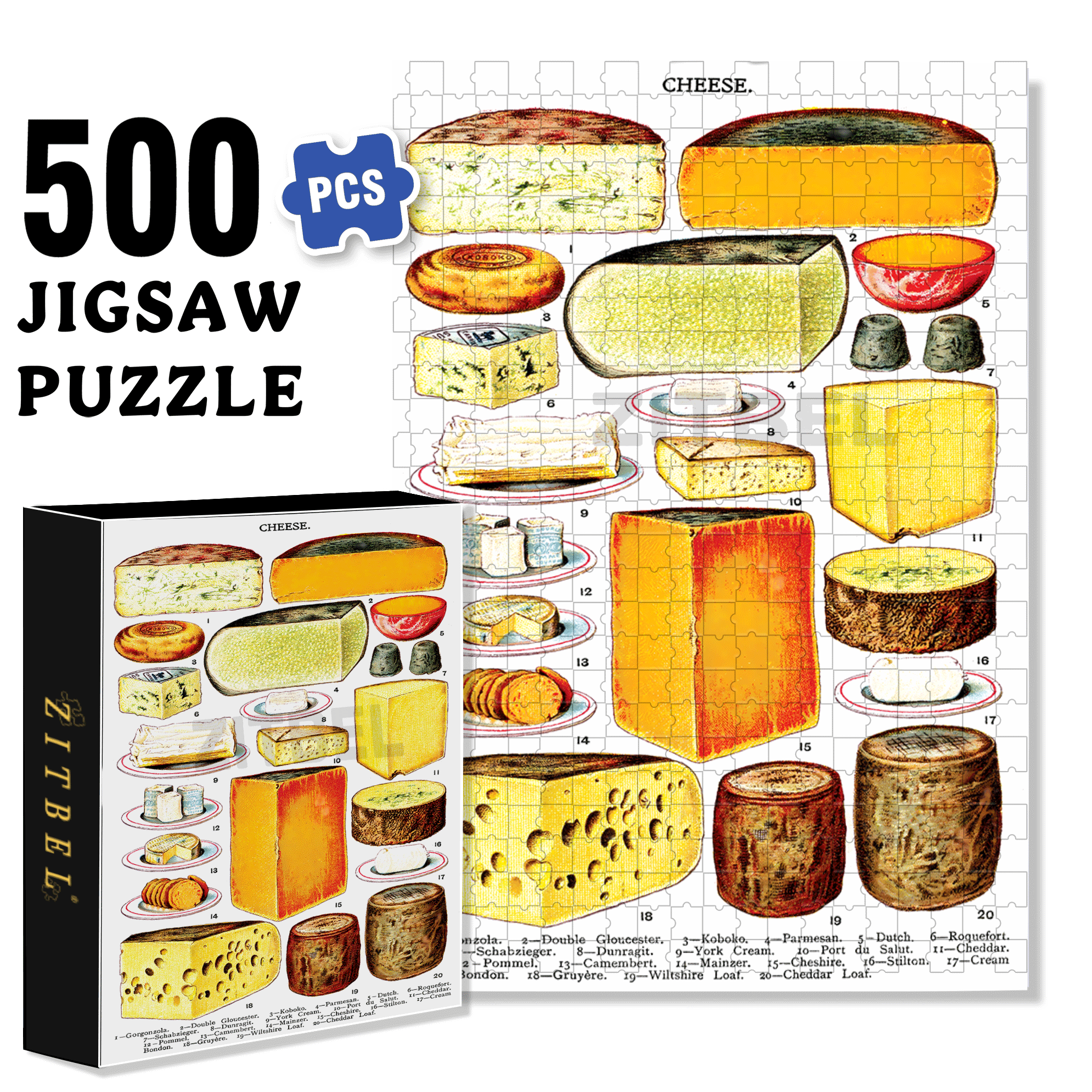Types Of Cheese 500pcs/1000pcs Jigsaw Puzzle, Scratch-Resistant, Interactive Family Game & Brain-Boosting DIY Decor, Perfect for Halloween, Christmas & New Year Gifts, Family Puzzle Game