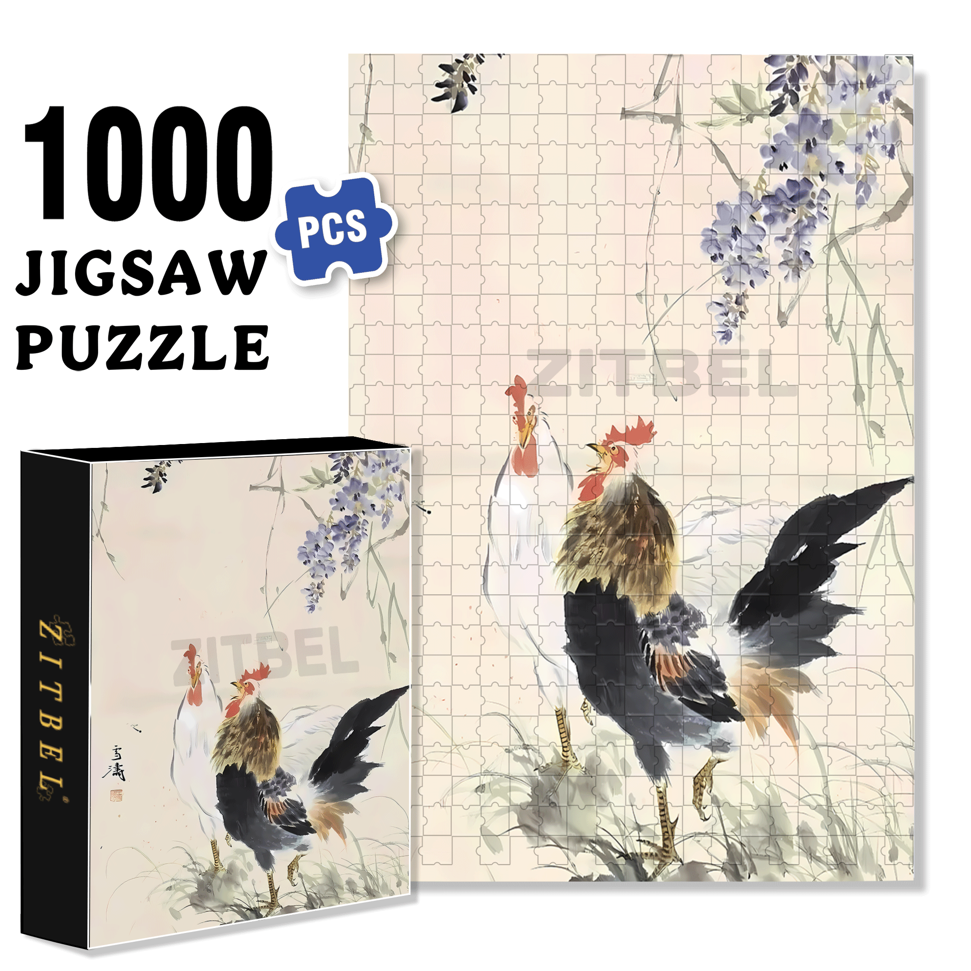 Wisteria Flowers And Rooster 500pcs/1000pcs Jigsaw Puzzle, Scratch-Resistant, Interactive Family Game & Brain-Boosting DIY Decor, Perfect for Halloween, Christmas & New Year Gifts, Family Puzzle Game
