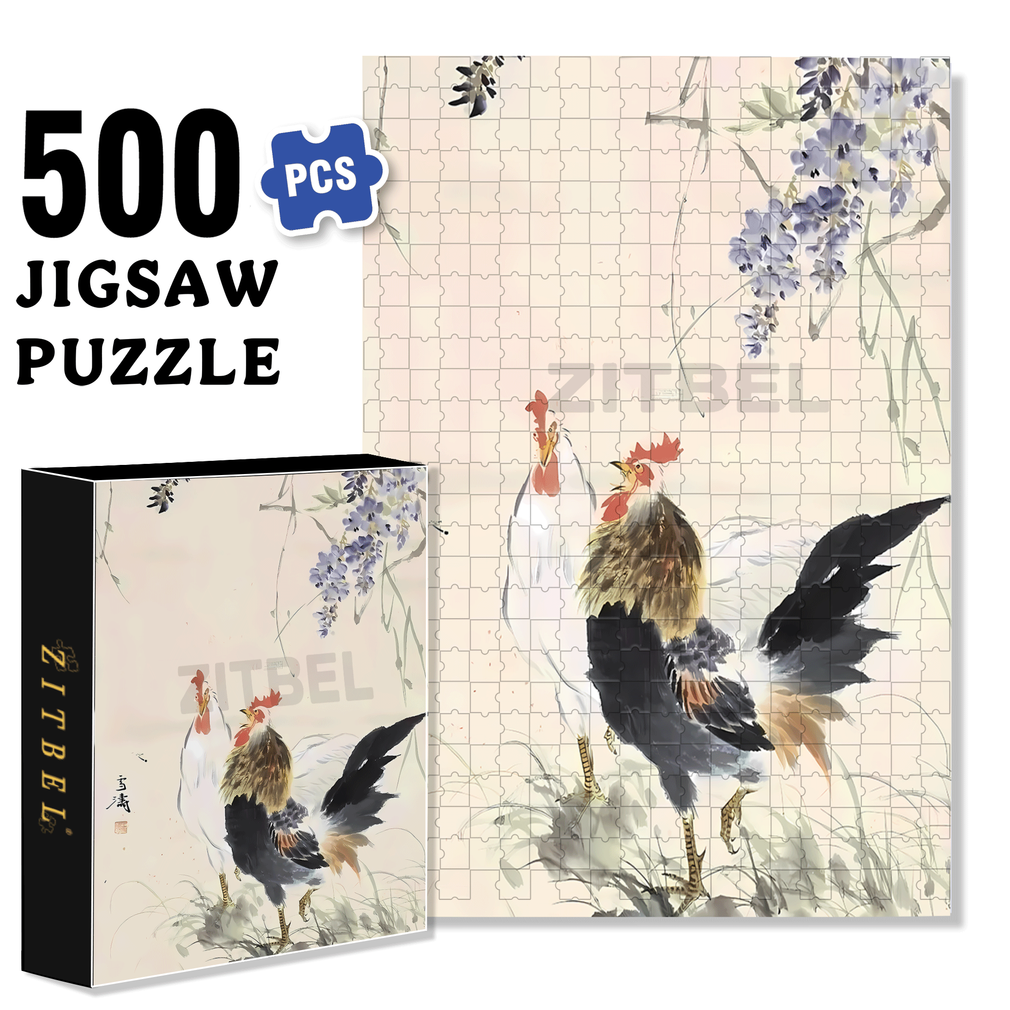 Wisteria Flowers And Rooster 500pcs/1000pcs Jigsaw Puzzle, Scratch-Resistant, Interactive Family Game & Brain-Boosting DIY Decor, Perfect for Halloween, Christmas & New Year Gifts, Family Puzzle Game