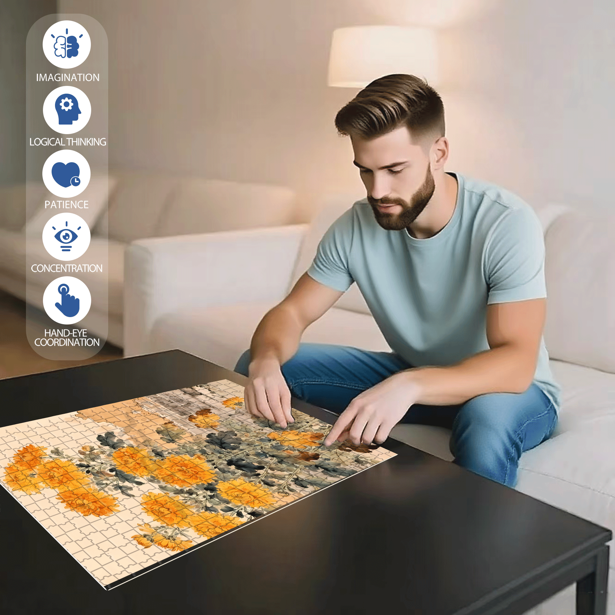 Autumn Yellow Chrysanthemums 500pcs/1000pcs Jigsaw Puzzle, Scratch-Resistant, Interactive Family Game & Brain-Boosting DIY Decor, Perfect for Halloween, Christmas & New Year Gifts, Family Puzzle Game