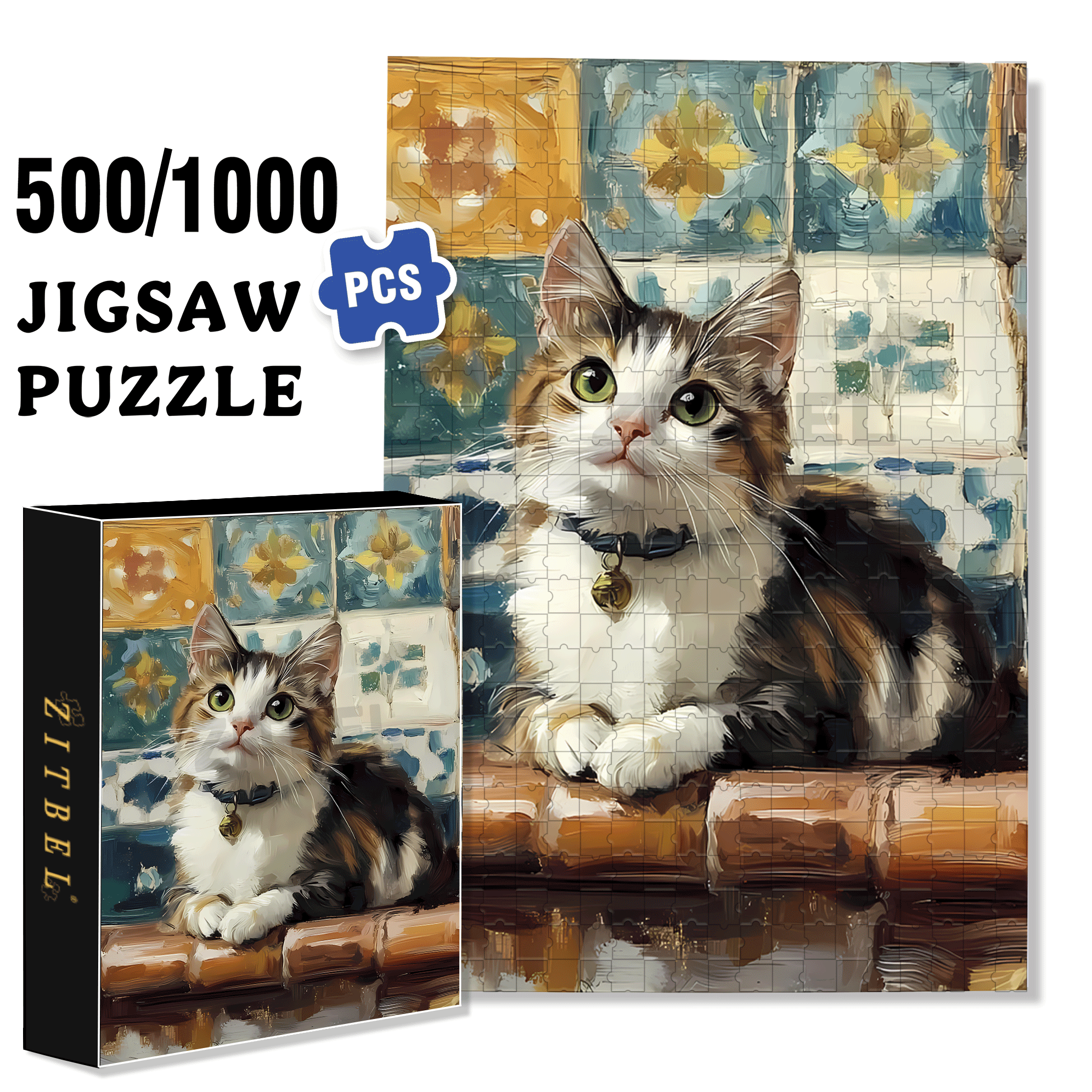 Cat's Bell 500pcs/1000pcs Jigsaw Puzzle, Scratch-Resistant, Interactive Family Game & Brain-Boosting DIY Decor, Perfect for Halloween, Christmas & New Year Gifts, Family Puzzle Game