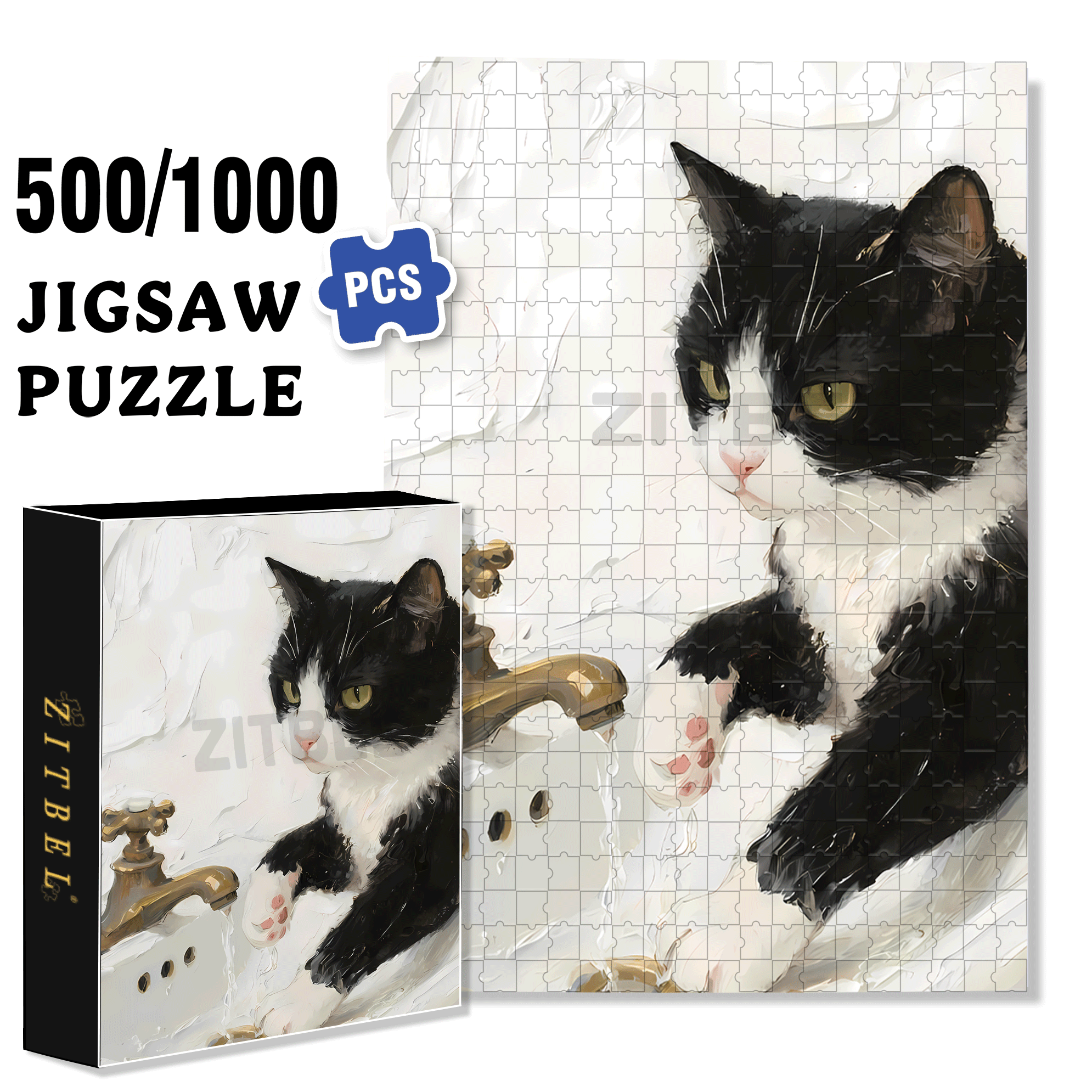Meow Plays In The Water 500pcs/1000pcs Jigsaw Puzzle, Scratch-Resistant, Interactive Family Game & Brain-Boosting DIY Decor, Perfect for Halloween, Christmas & New Year Gifts, Family Puzzle Game