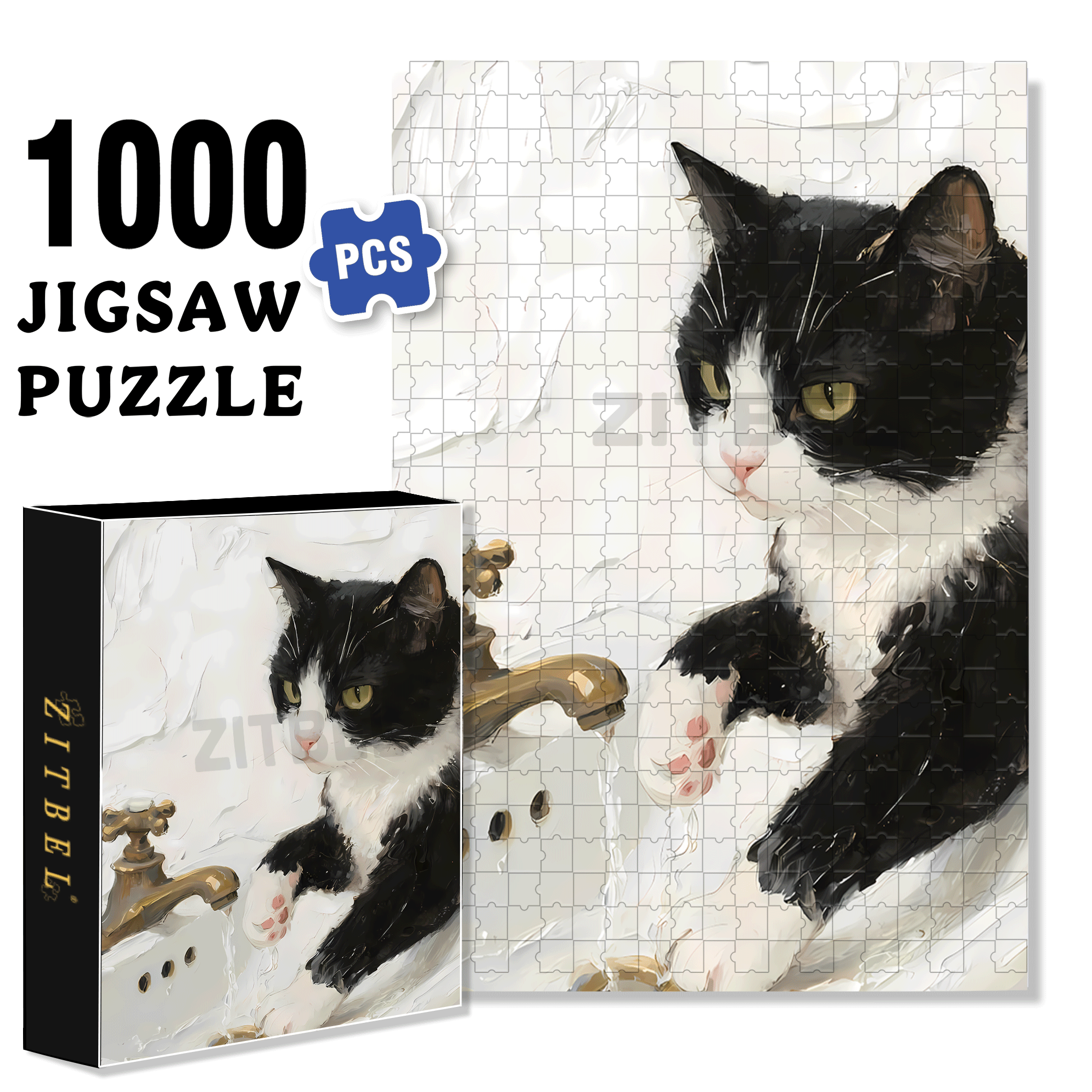 Meow Plays In The Water 500pcs/1000pcs Jigsaw Puzzle, Scratch-Resistant, Interactive Family Game & Brain-Boosting DIY Decor, Perfect for Halloween, Christmas & New Year Gifts, Family Puzzle Game