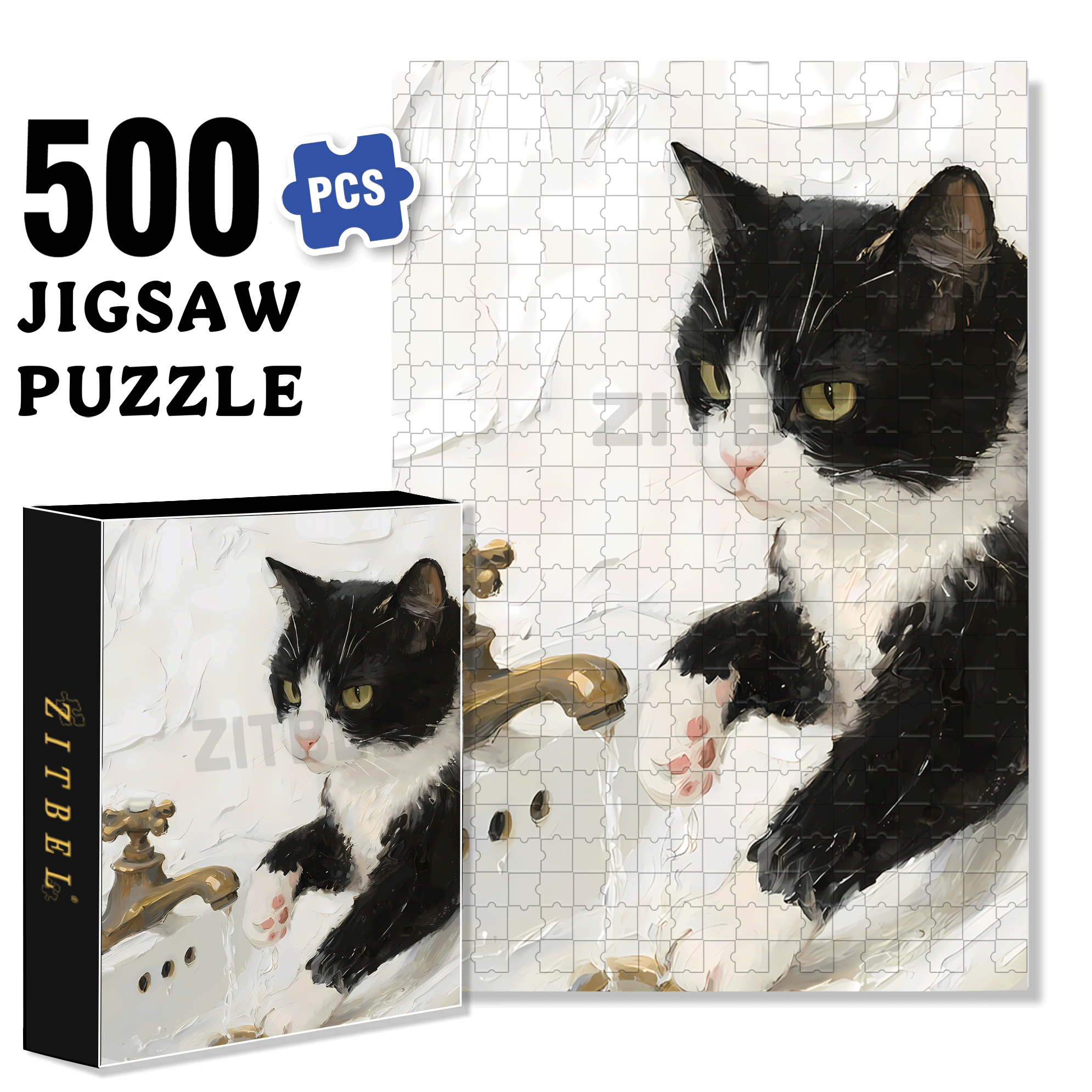 Meow Plays In The Water 500pcs/1000pcs Jigsaw Puzzle, Scratch-Resistant, Interactive Family Game & Brain-Boosting DIY Decor, Perfect for Halloween, Christmas & New Year Gifts, Family Puzzle Game